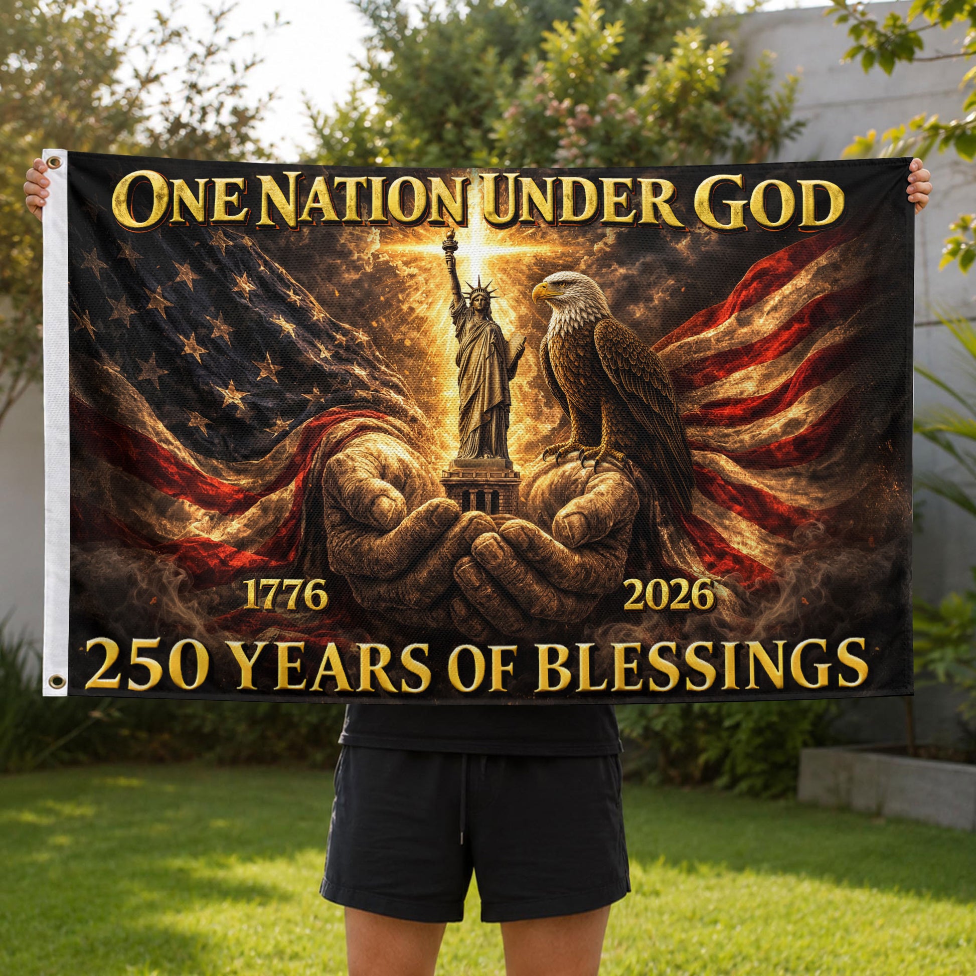 Patriotic God's Hands House Flag 1776-2026 One Nation Under God 250 Years of Blessings - Rust Field Wear