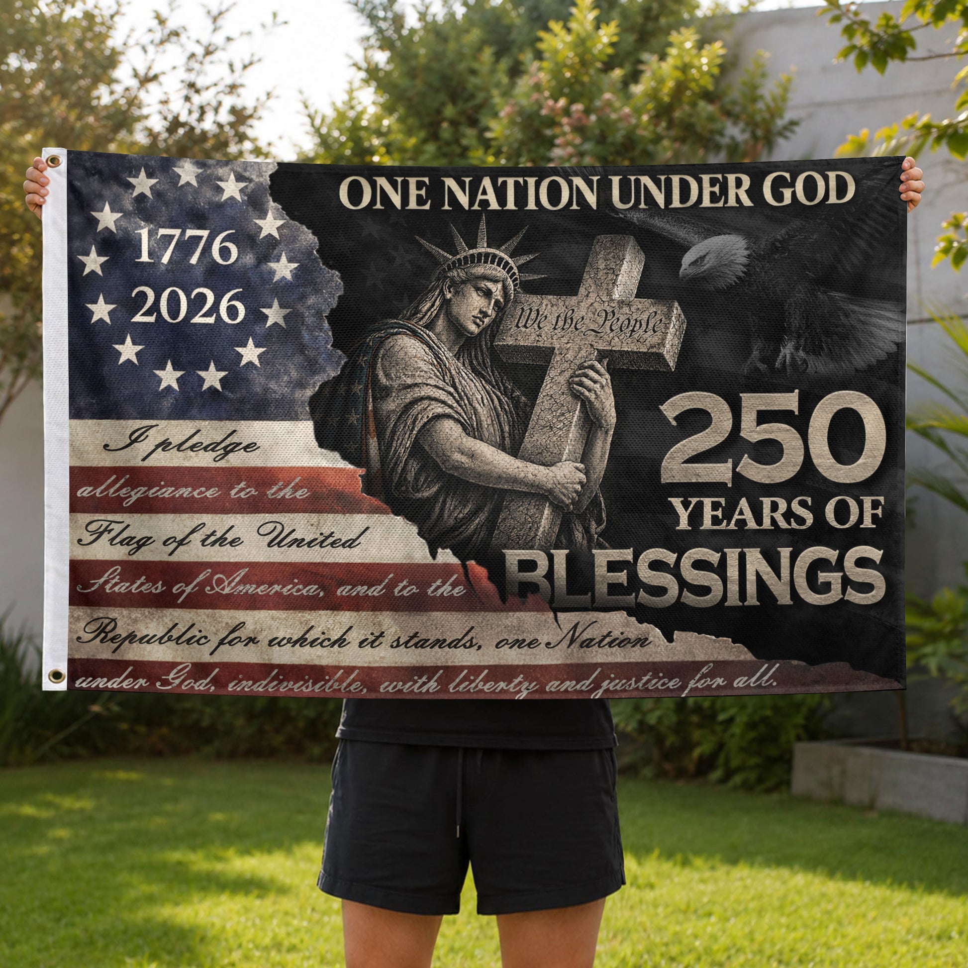 Pledge of Allegiance House Flag 1776-2026 Patriotic Christian 250 Years of Blessings - Rust Field Wear