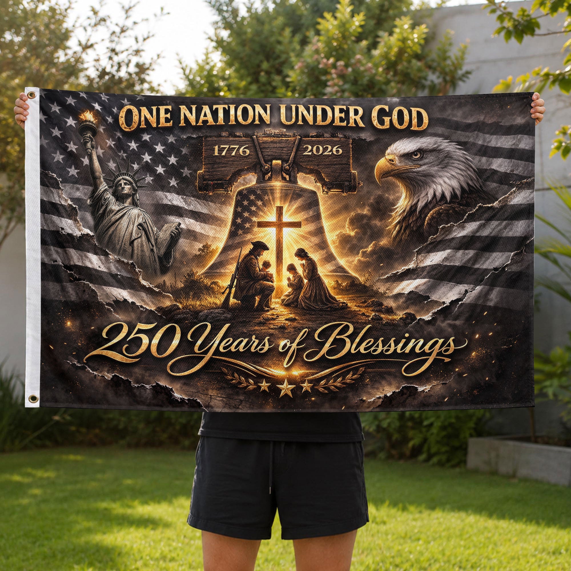 Liberty Bell Patriotic House Flag 1776-2026 One Nation Under God 250 Years of Blessings - Rust Field Wear