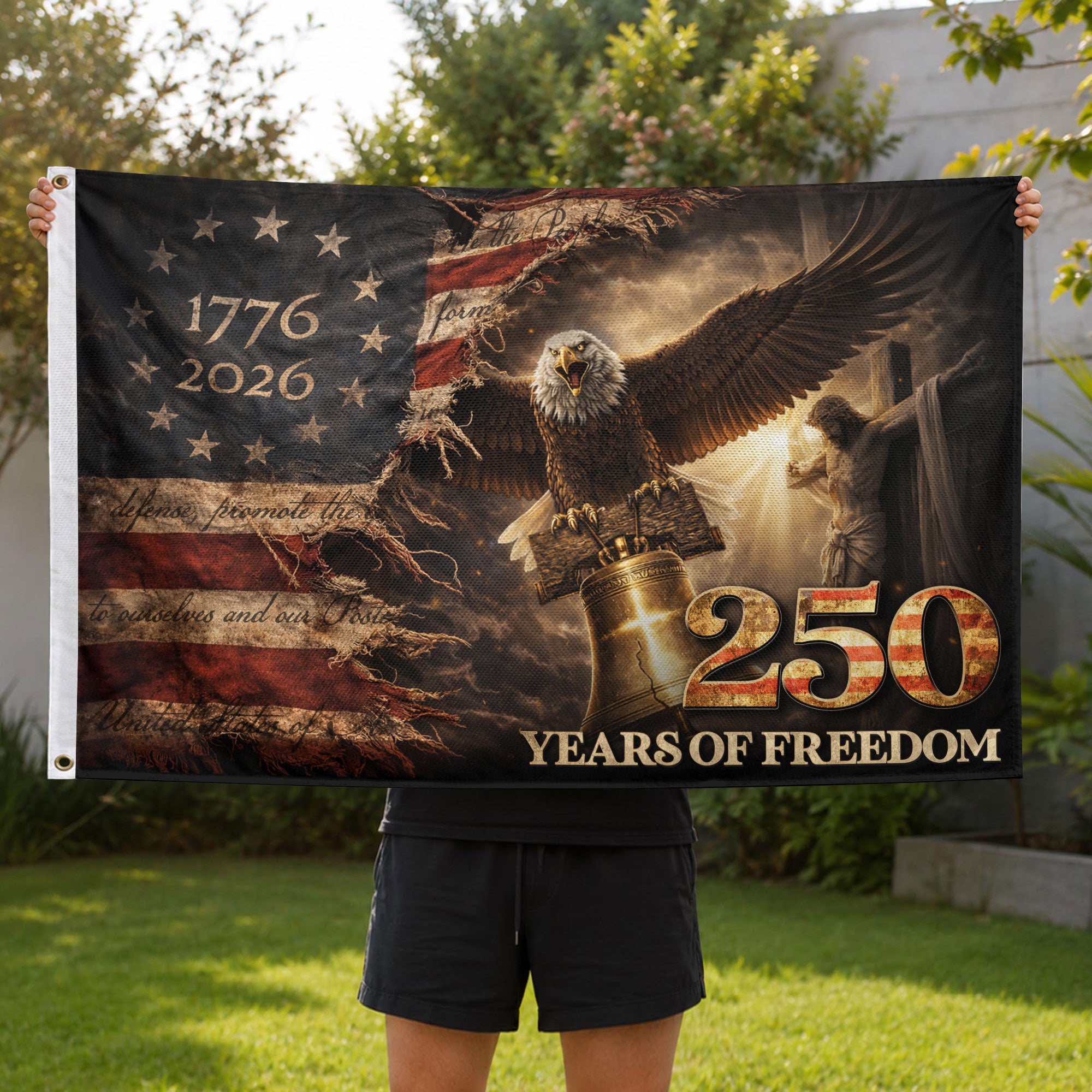 250 Years of Freedom House Flag 1776-2026 Patriotic Eagle Liberty Bell Christian Decor - Rust Field Wear