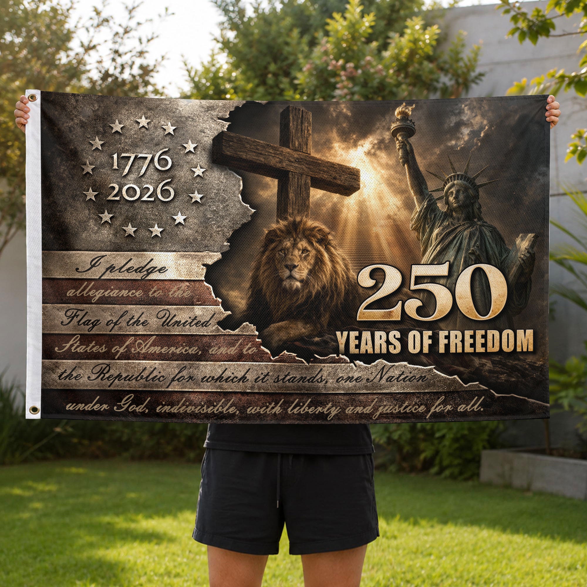 Patriotic Lion Cross House Flag 1776-2026 One Nation Under God 250 Years of Freedom Gift