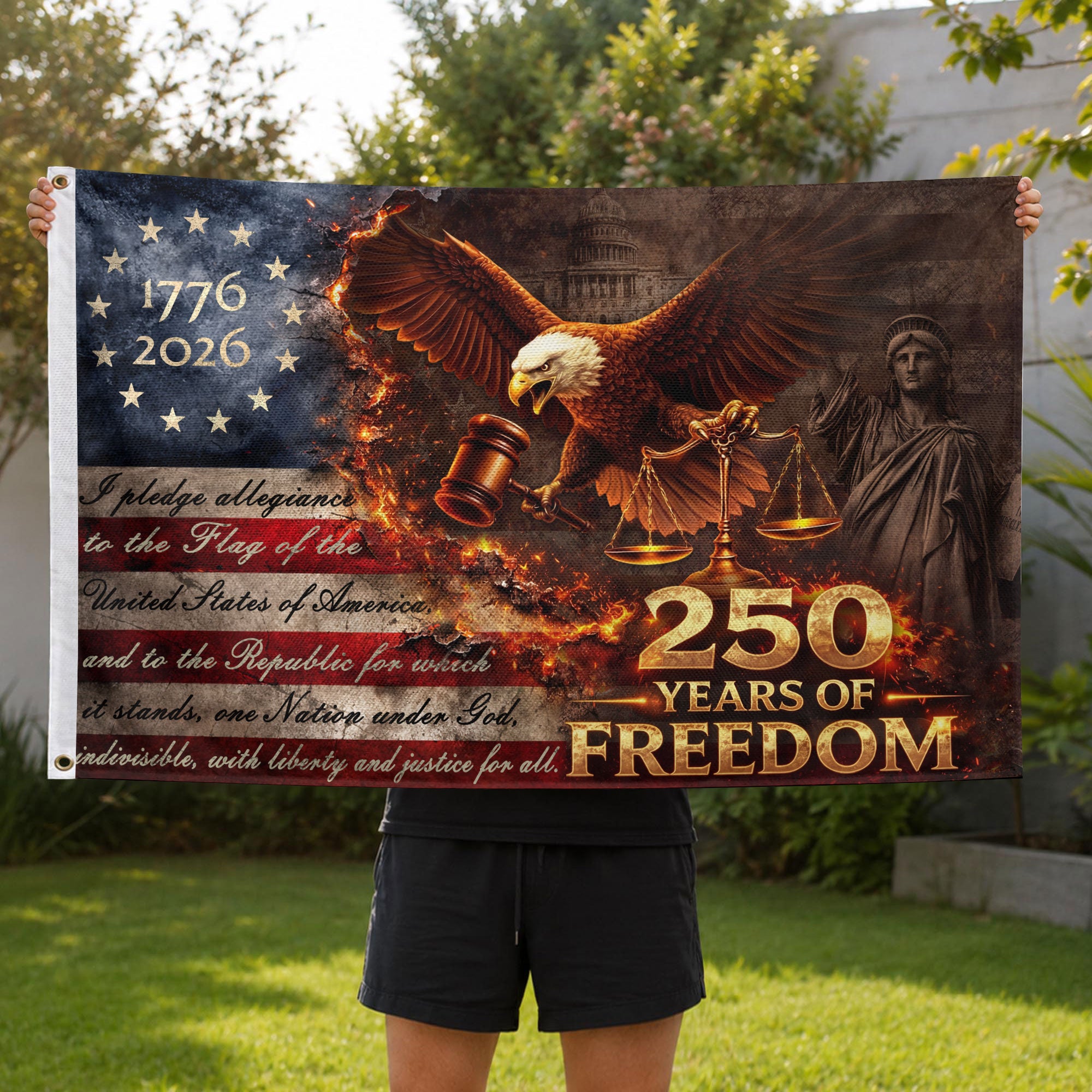 Justice Gavel Eagle House Flag 1776-2026 We The People 250 Years Freedom Patriotic - Rust Field Wear