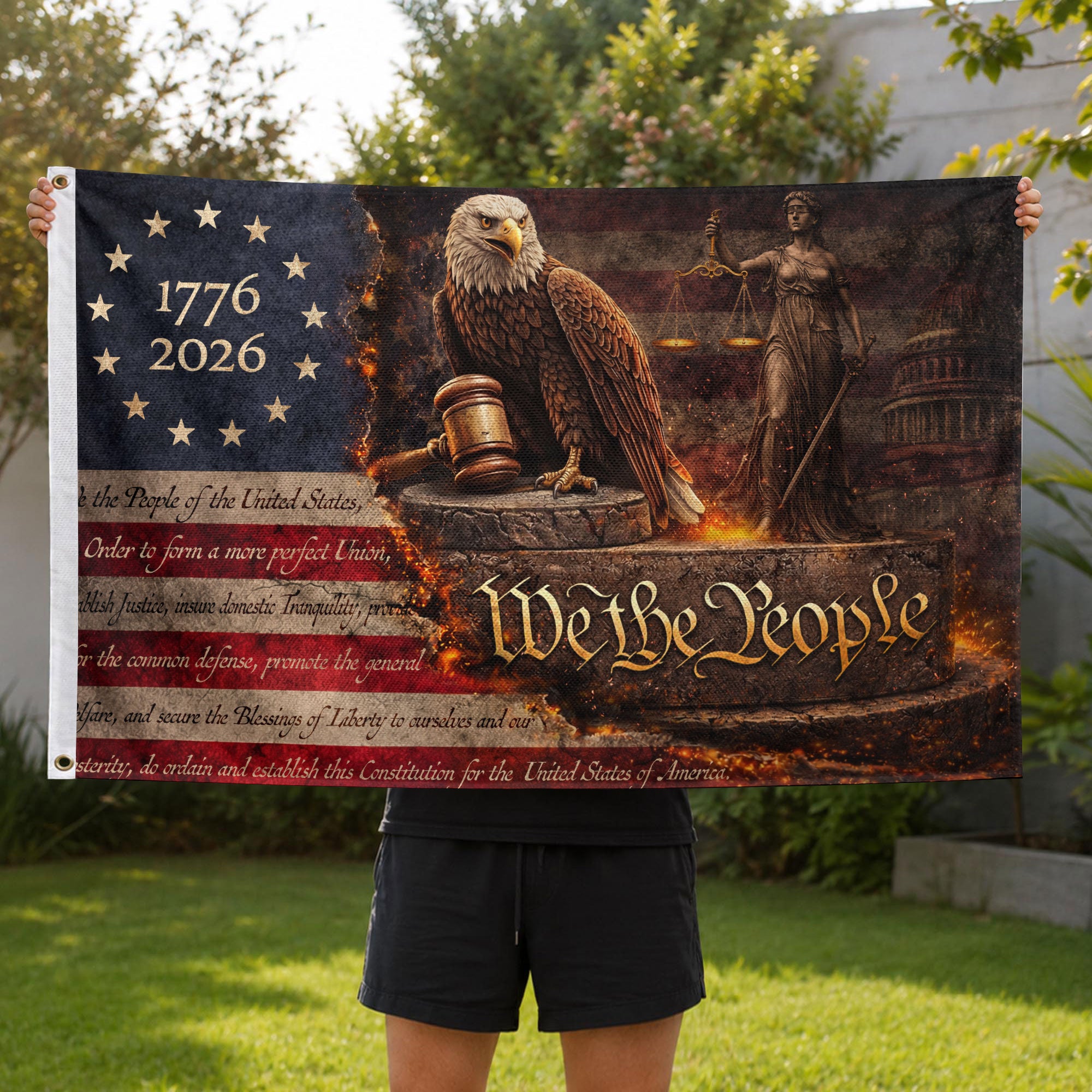 Lady Justice House Flag 1776-2026 Patriotic Eagle Shield We The People 250 Years Decor