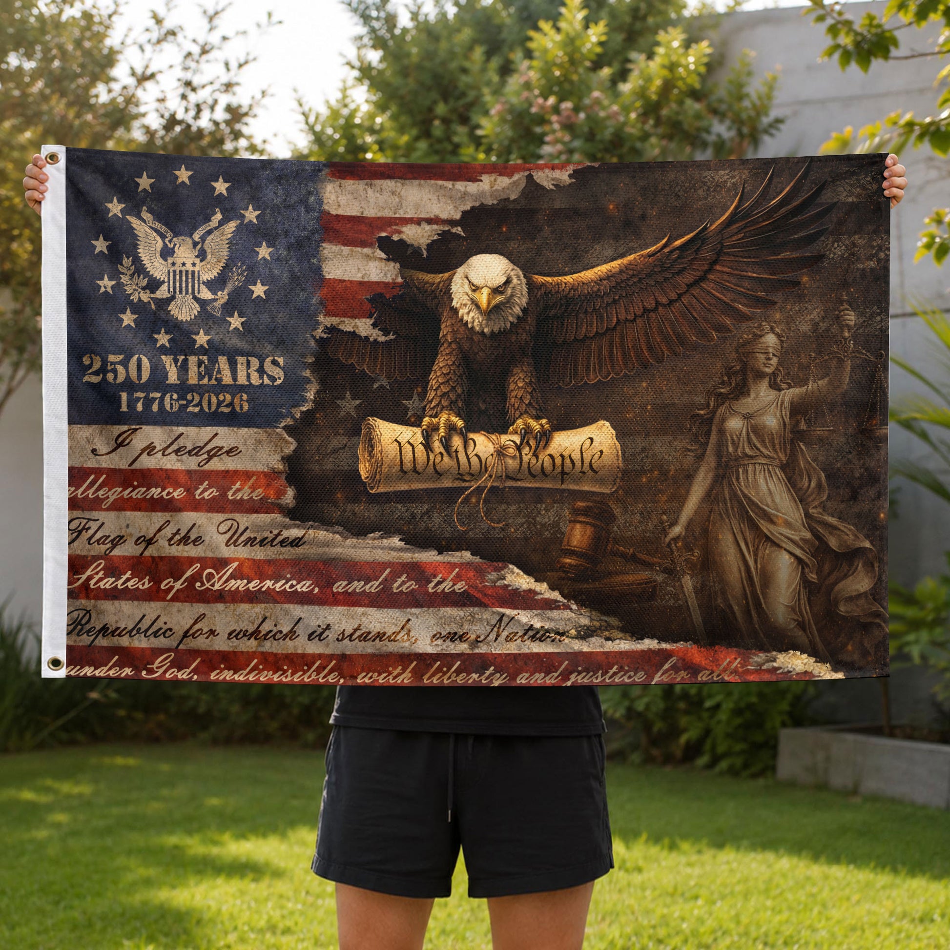 Justice Gavel Eagle House Flag 1776-2026 We The People 250 Years Freedom Patriotic Decor - Rust Field Wear