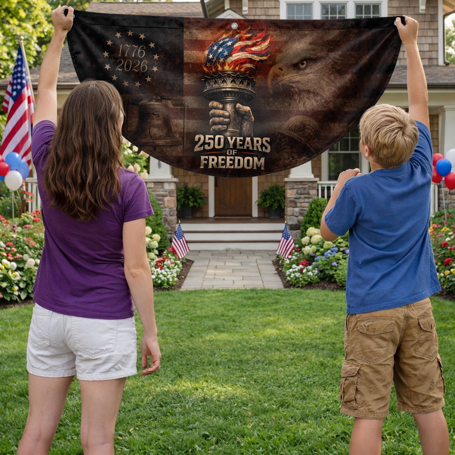 250th Anniversary Freedom Flag Fence Banner - Liberty Torch & Eagle Design for 2026 Celebration - Rust Field Wear