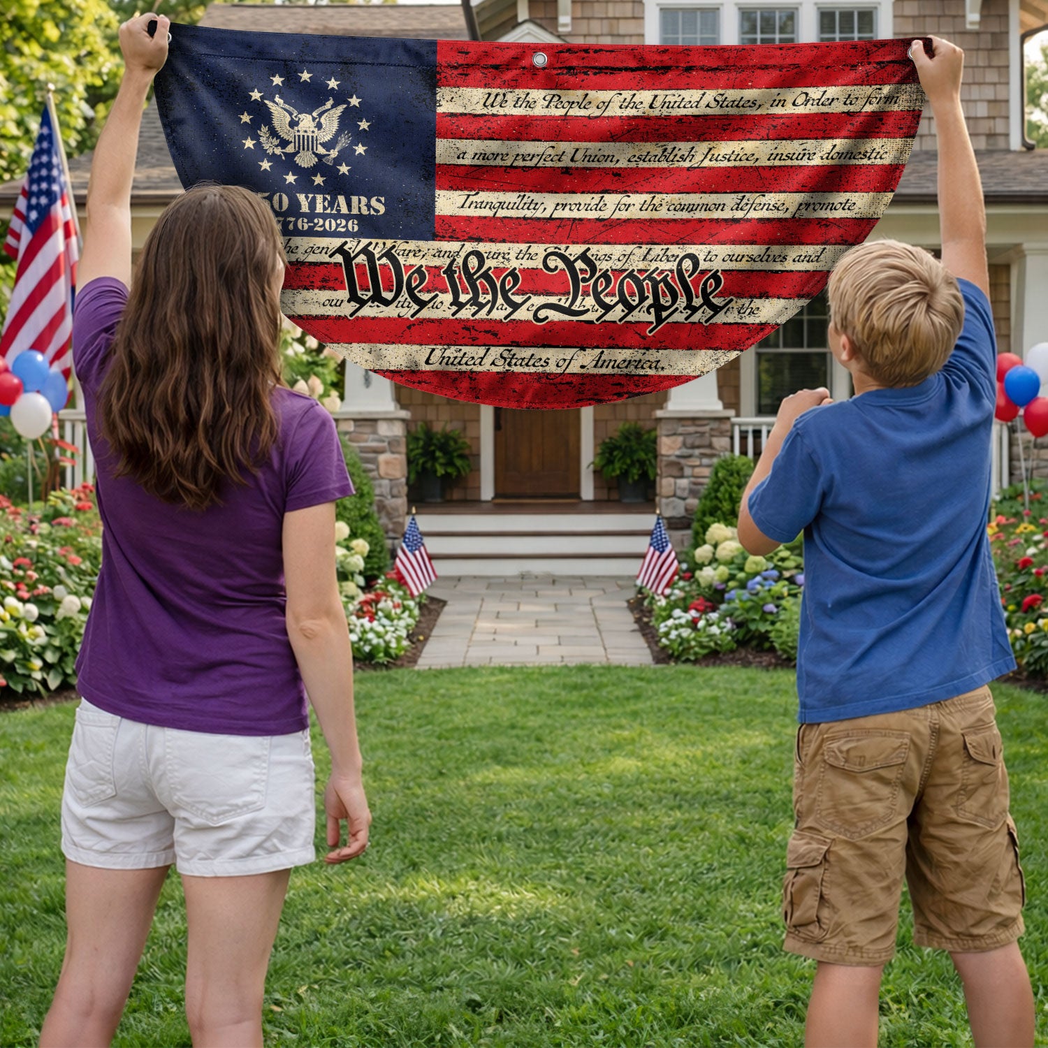 250th Anniversary USA Flag Fence Banner - Patriotic We The People Design for 2026 Celebration