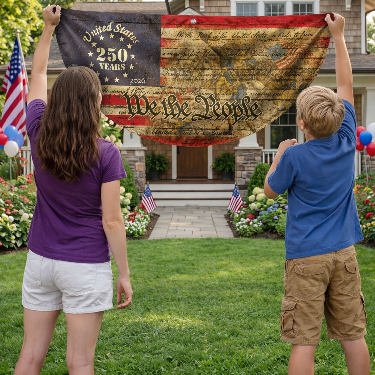 USA 250th Anniversary Flag Fence Banner - We The People & Eagle Design for 2026 Celebration. - Rust Field Wear