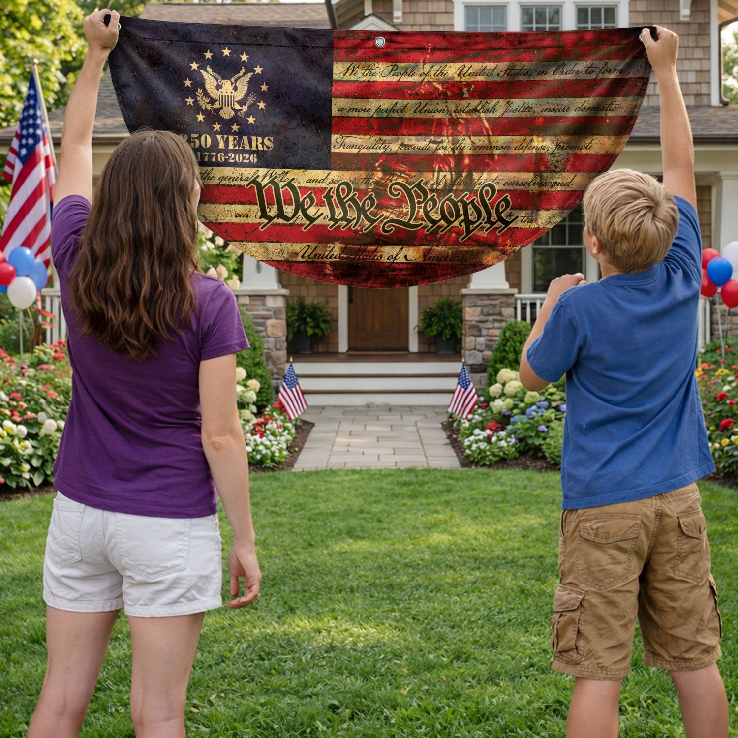 250th Anniversary USA Flag Fence Banner - We The People & Eagle Design for 2026 Celebration