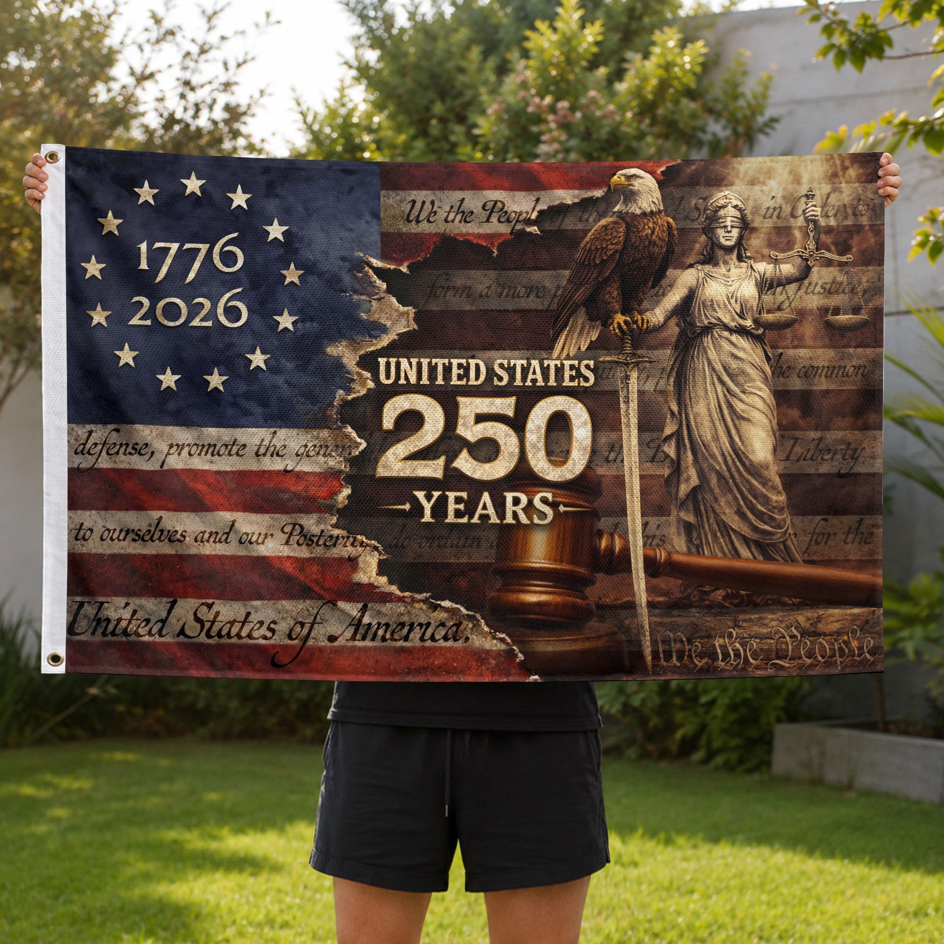 Patriotic Prayer House Flag 1776-2026 Liberty Bell One Nation Under God 250 Years Blessing - Rust Field Wear
