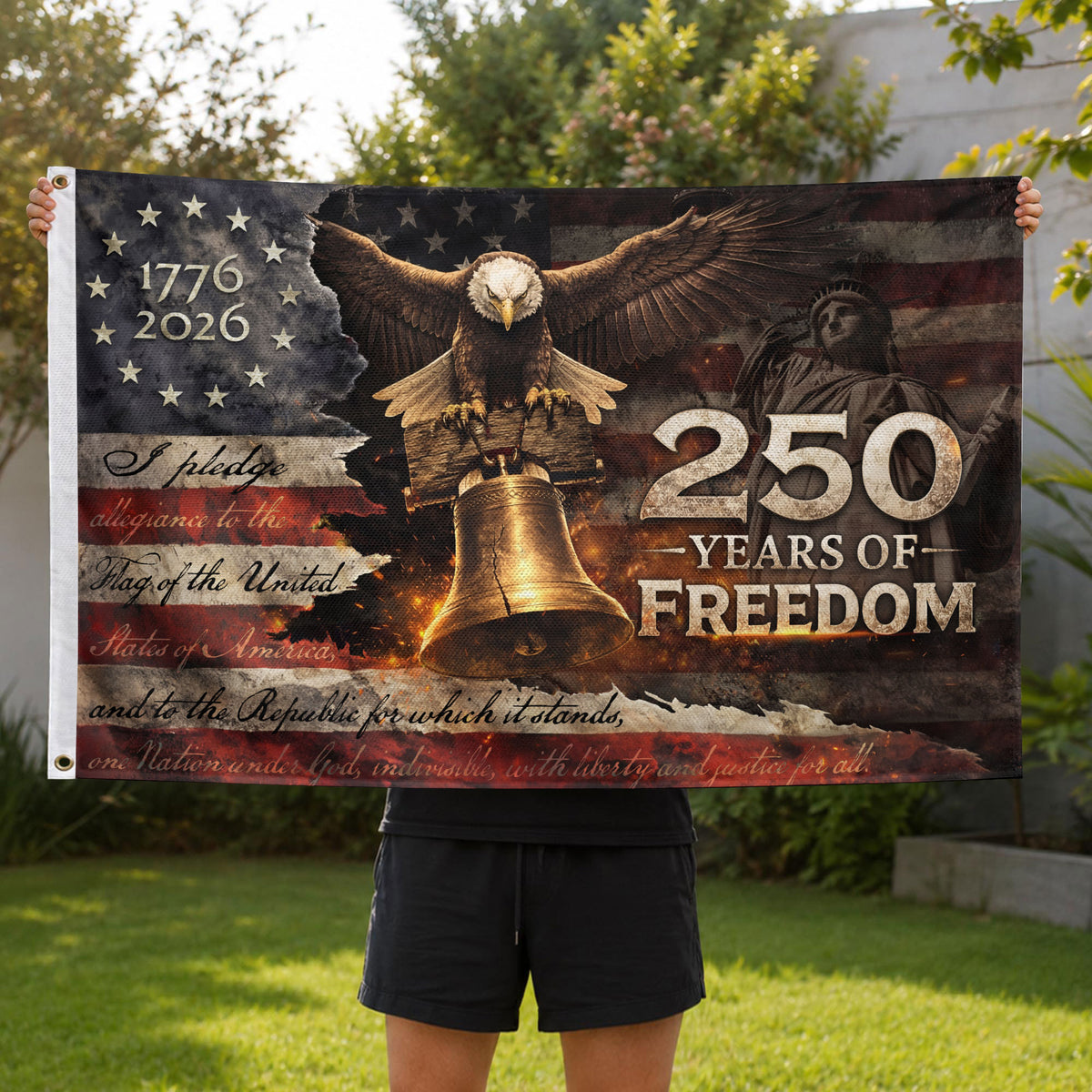 Patriotic Freedom House Flag 250 Years Eagle Liberty Bell Vintage American Outdoor - Rust Field Wear