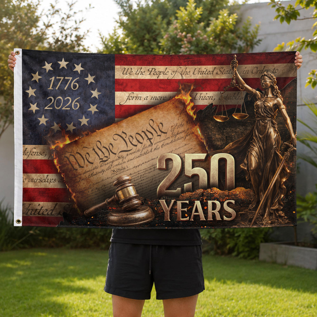 Lady Justice House Flag 1776-2026 We The People 250 Years of Freedom Patriotic Decor - Rust Field Wear