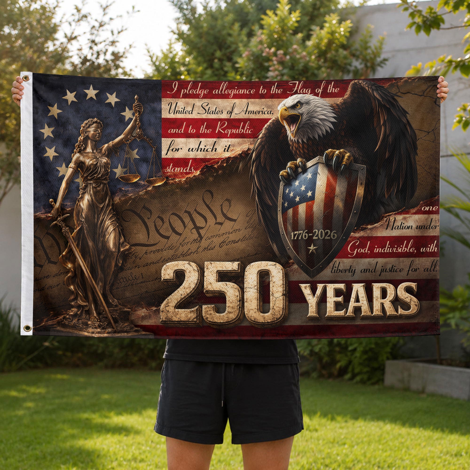 Lady Justice House Flag 1776-2026 We The People 250 Years of Freedom Patriotic Eagle Decor - Rust Field Wear