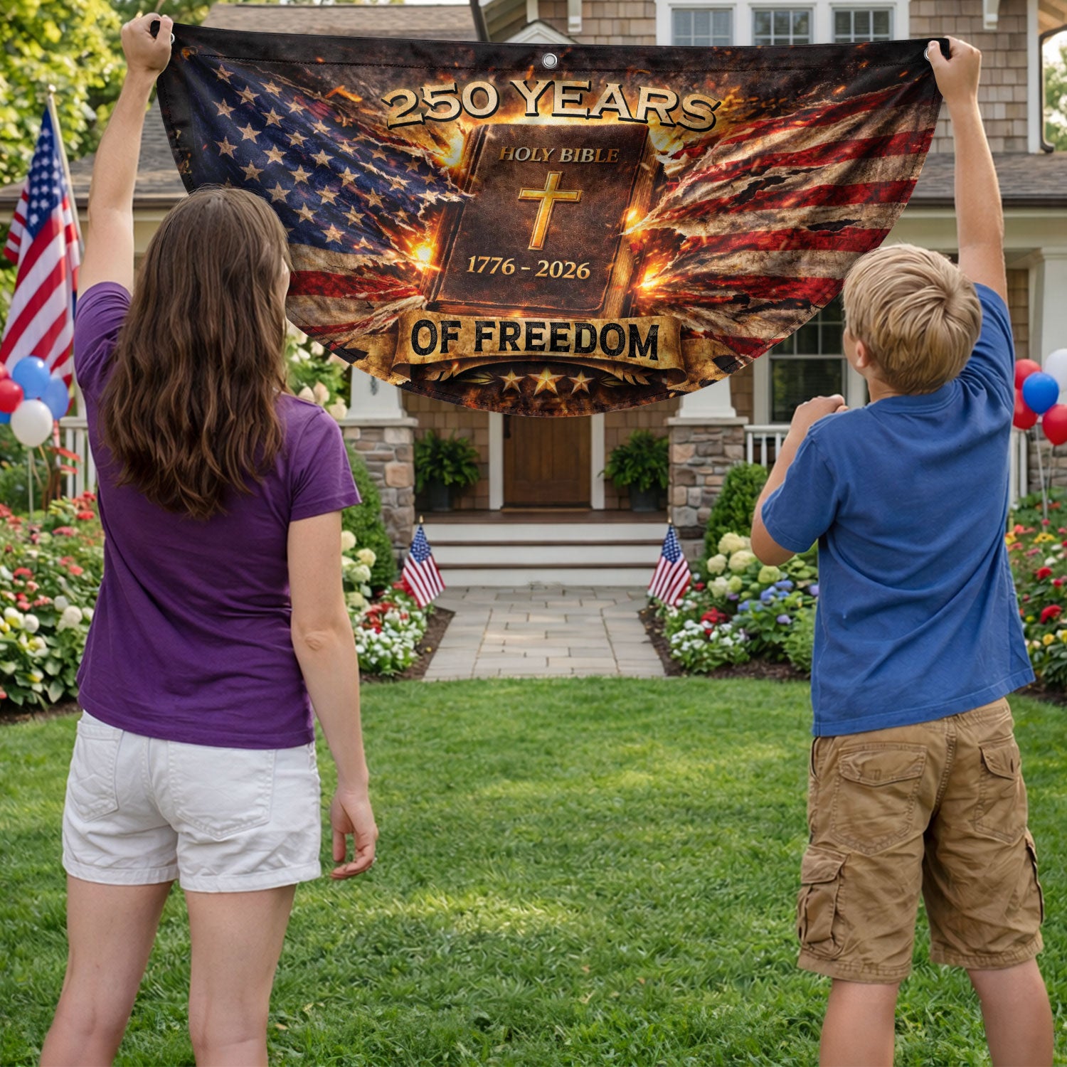 Fence Flag USA 250th Anniversary 1776–2026 Christian Cross Bible Patriotic Banner 250 Year American Freedom Flag - Rust Field Wear