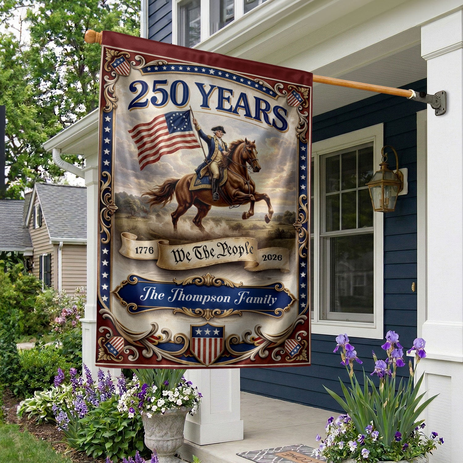 George Washington Horseback Garden Flag Custom Family Name 250 Years Freedom 1776-2026 Patriotic Decor