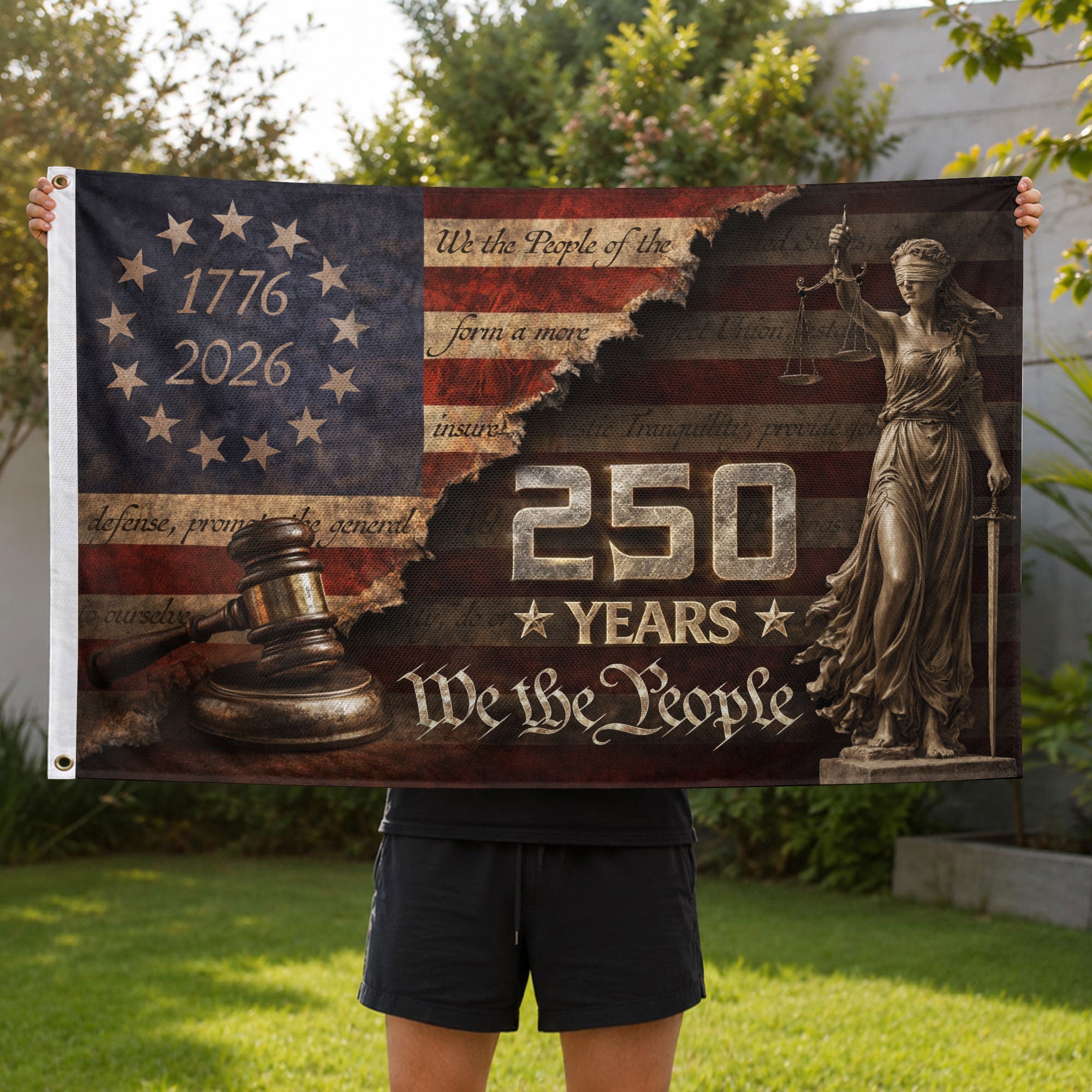 We The People House Flag 250 Years Patriotic Lady Justice 1776 2026 Outdoor Decor - Rust Field Wear