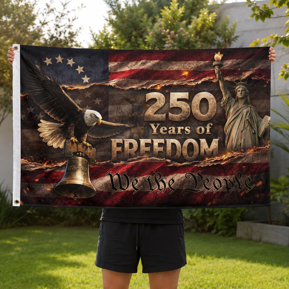 250 Years of Freedom House Flag 1776-2026 We The People Patriotic Shield Decor - Rust Field Wear