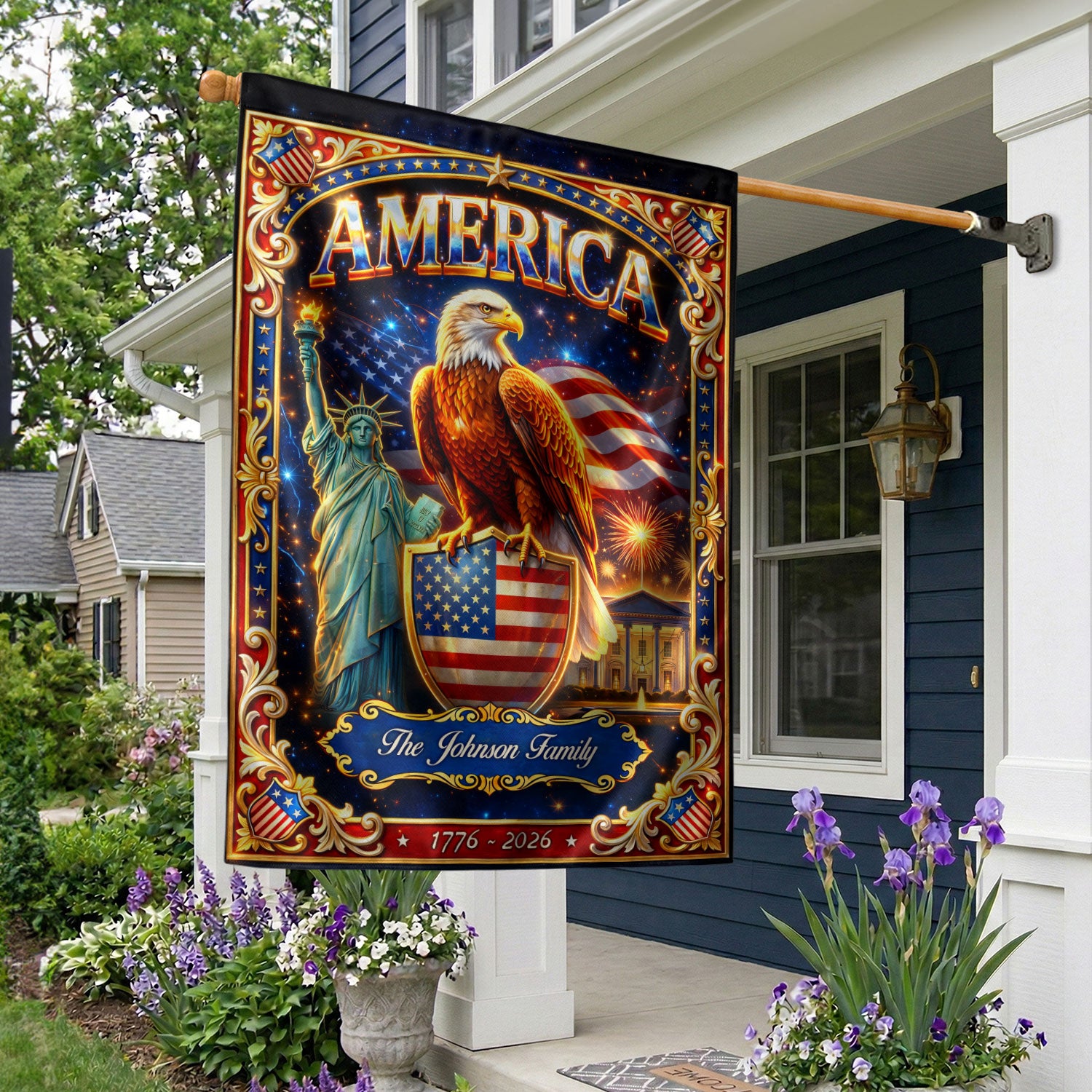 Custom Family Name 250th Anniversary Garden Flag – USA Eagle & Statue of Liberty 1776-2026