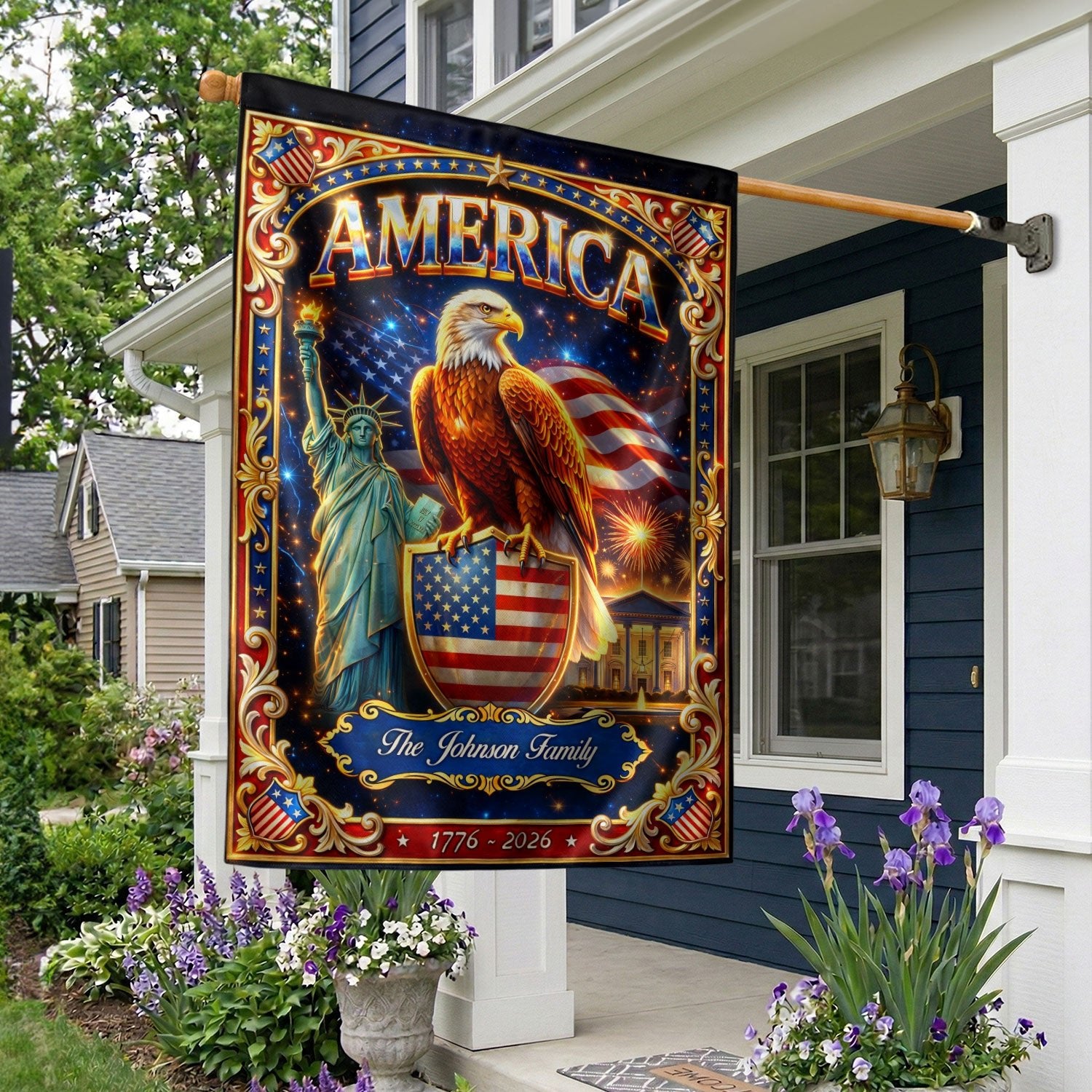 Custom Family Name 250th Anniversary Garden Flag – USA Eagle & Statue of Liberty 1776-2026 - Rust Field Wear