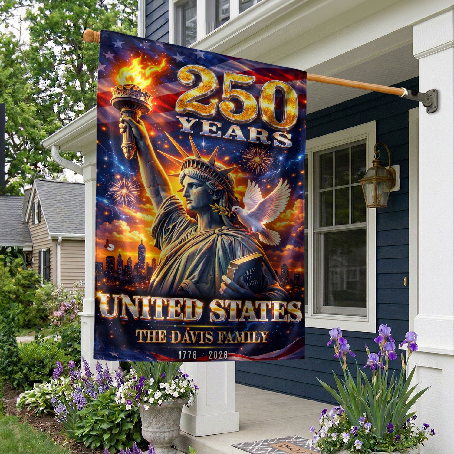Custom Family Name 250th Anniversary Garden Flag – Statue of Liberty USA 1776-2026