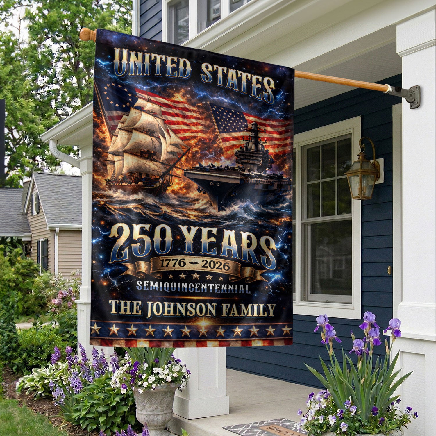 Custom Family Name 250th Anniversary Garden Flag – USA Ship & Navy 1776-2026