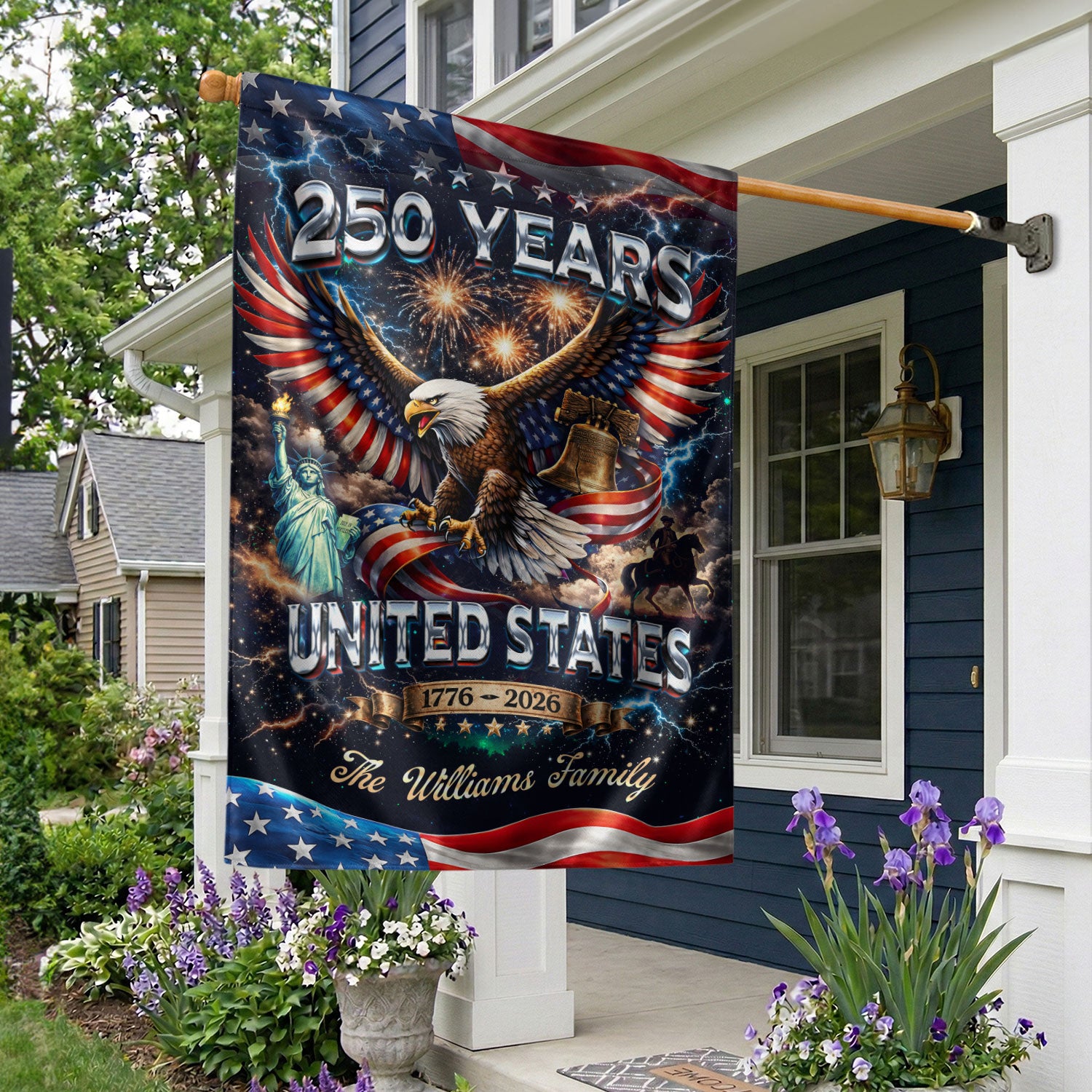Personalized USA 250th Celebration Garden Flag – Patriotic Eagle, Statue & Fireworks Theme (1776–2026)