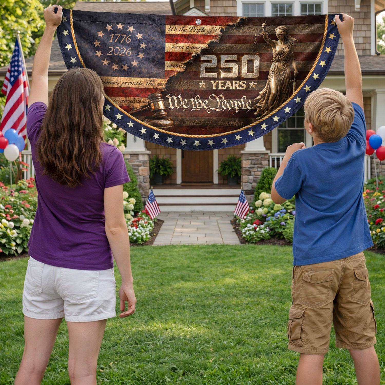 We The People Fence Flag Lady Justice & Gavel 250 Years Patriotic - 1776-2026 Decor - Rust Field Wear