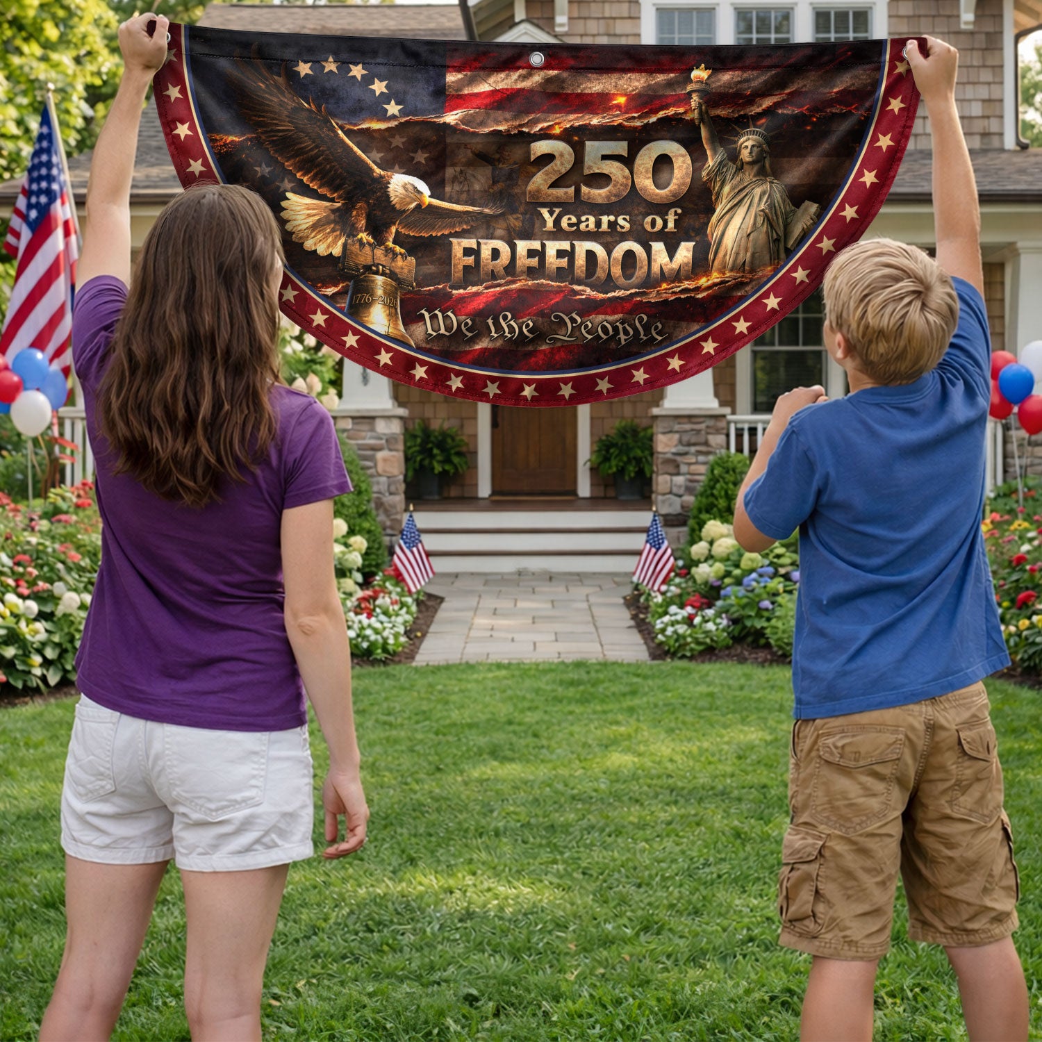 250 Years of Freedom Fence Flag Statue of Liberty Bald Eagle - We The People Flag Decor - Rust Field Wear