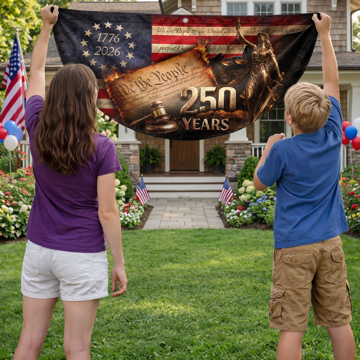 250 Years Lady Justice Fence Flag Patriotic 1776-2026 - We The People Outdoor Banner - Rust Field Wear