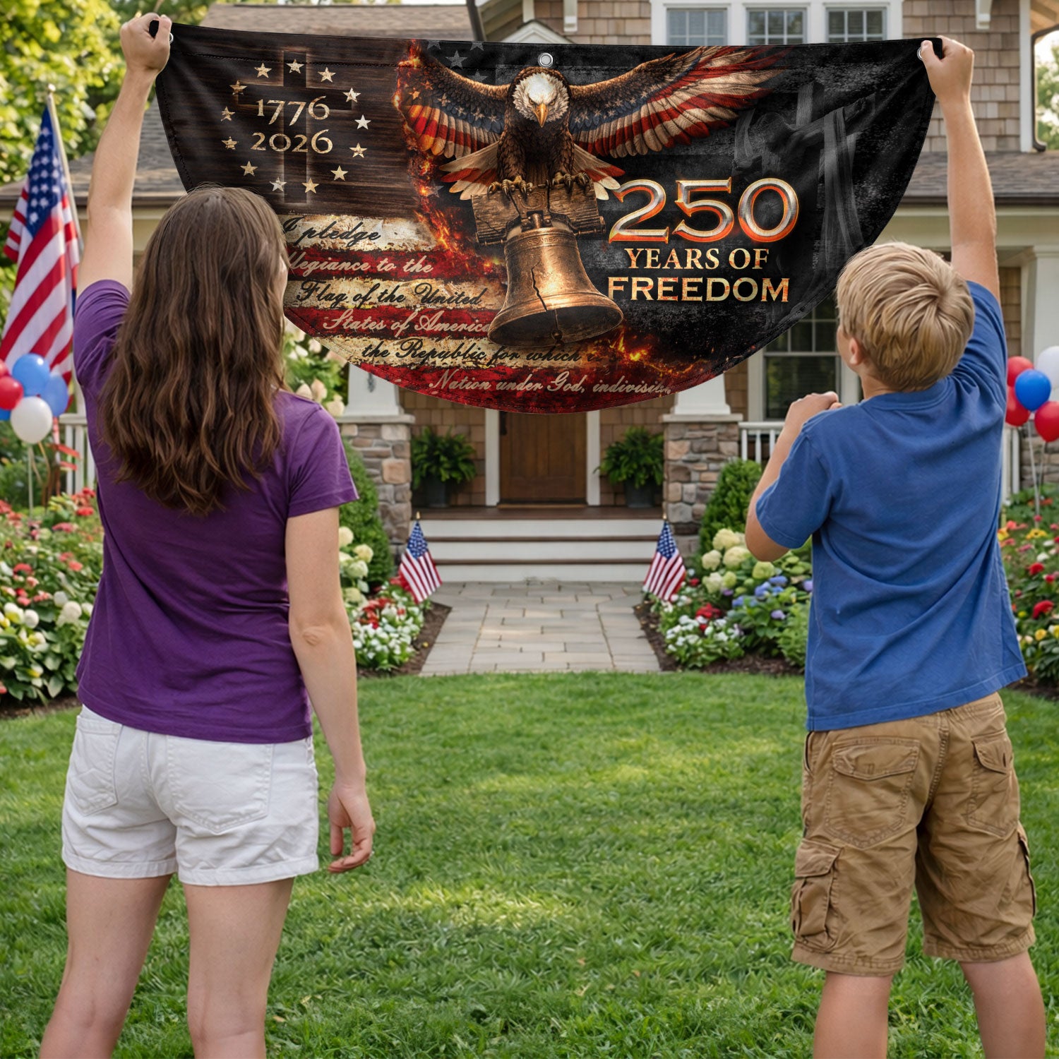 250 Years of Freedom Fence Flag 1776-2026 – Christian Patriotic Cross & Liberty Bell USA Double Sided Banner - Rust Field Wear