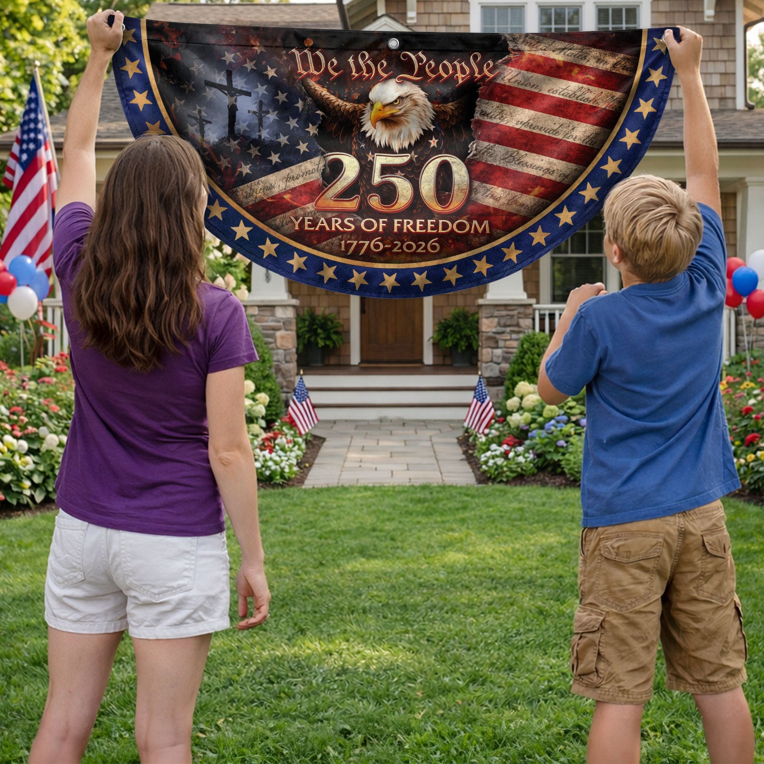 USA 250th Anniversary Fence Flag 1776-2026 – American Flag with Cross We The People Christian Patriotic Banner - Rust Field Wear