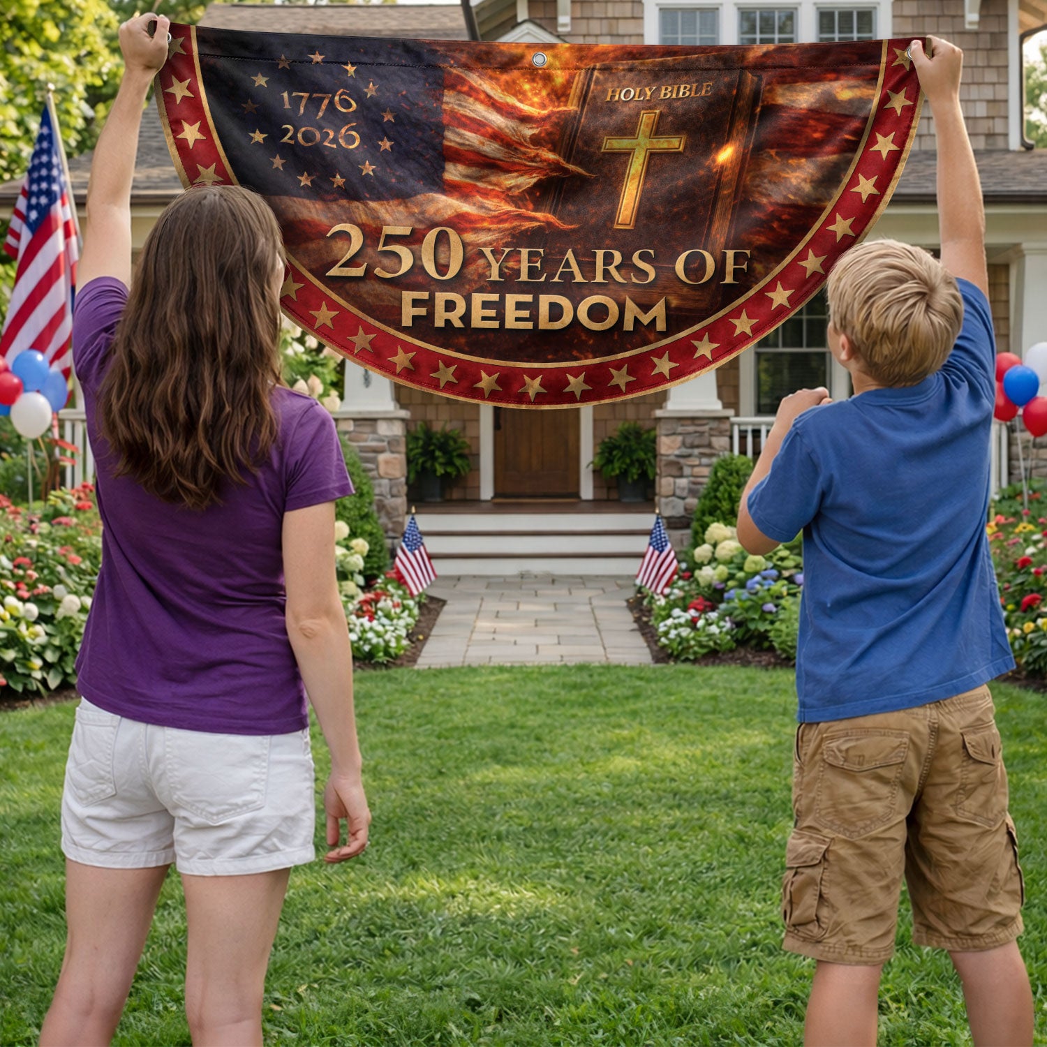 Christian Patriotic Fence Flag 1776-2026 – Holy Bible American Flag 250 Years of Freedom Double Sided Banner - Rust Field Wear