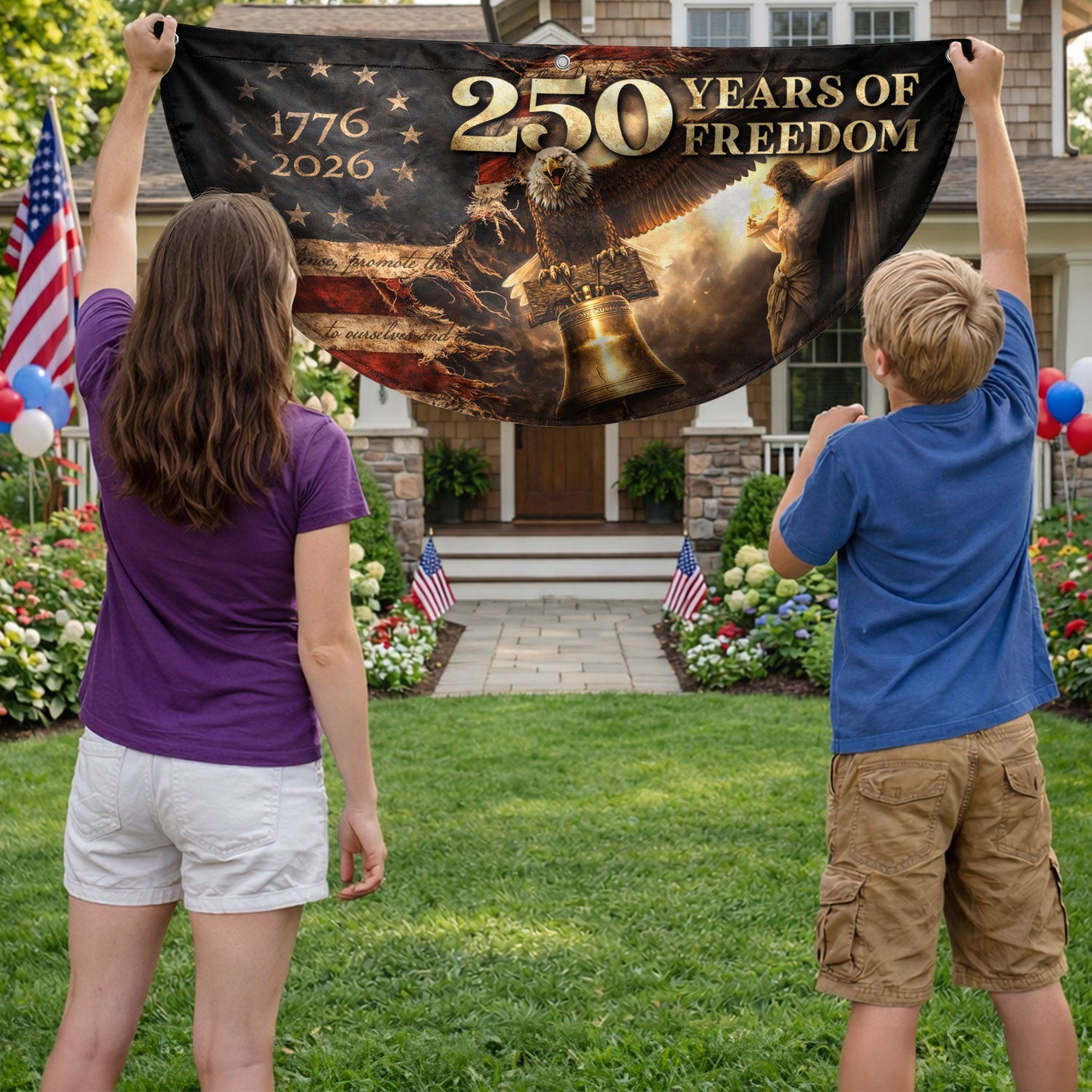 250 Years USA Anniversary Fence Flag 1776-2026 – Jesus & Eagle Christian Patriotic Double Sided Banner - Rust Field Wear