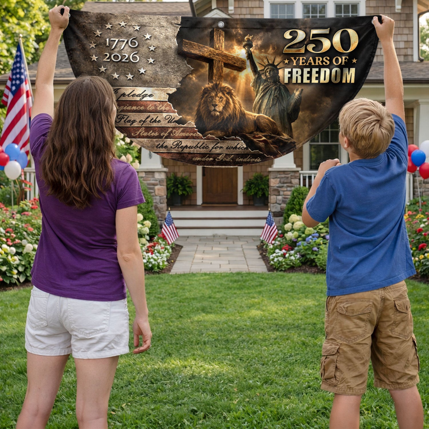God Bless America 250 Years Fence Flag 1776-2026 – Lion & Cross Christian Patriotic USA Double Sided Banner - Rust Field Wear