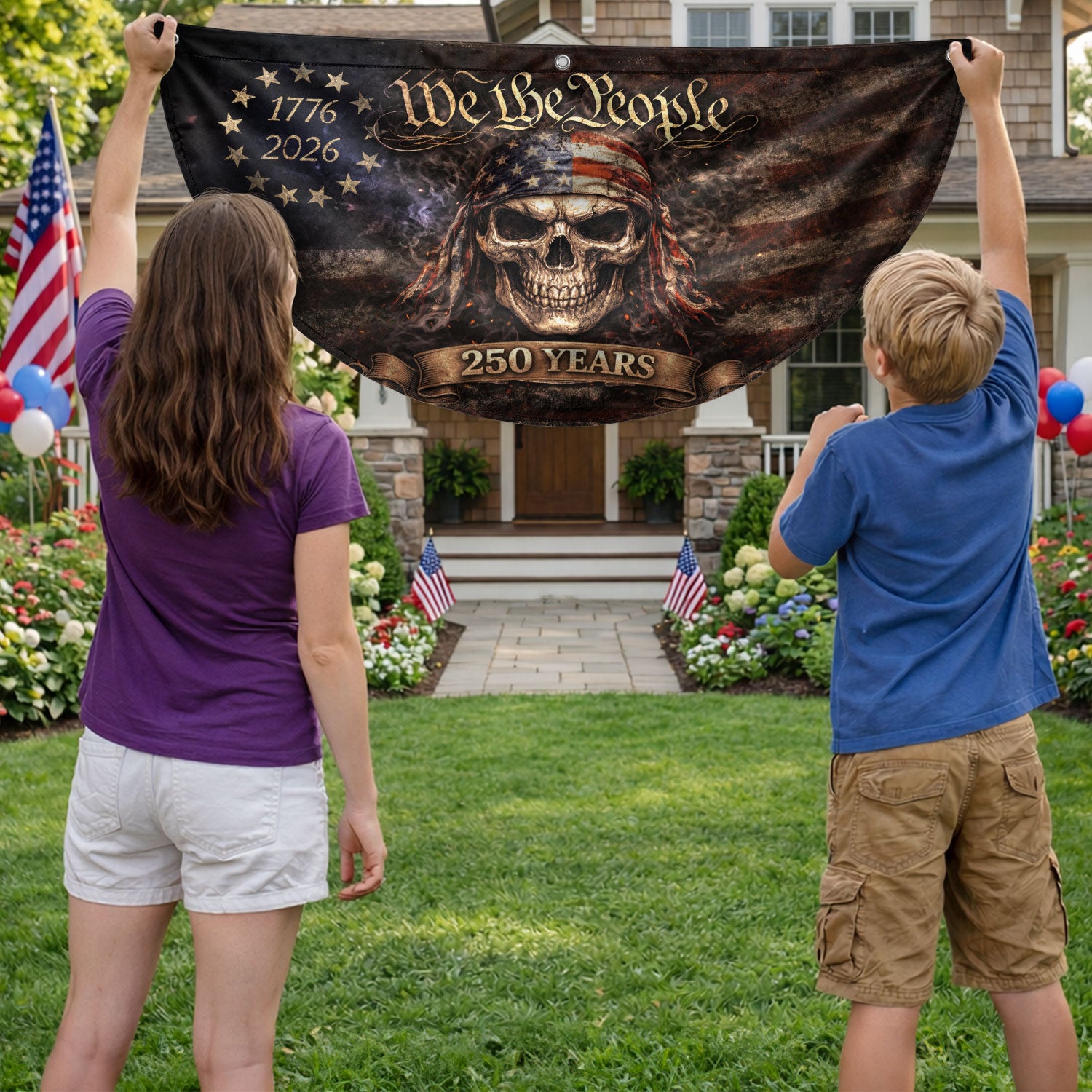 We The People Skull Fence Flag 250 Years 1776-2026 Patriotic Double Sided Banner