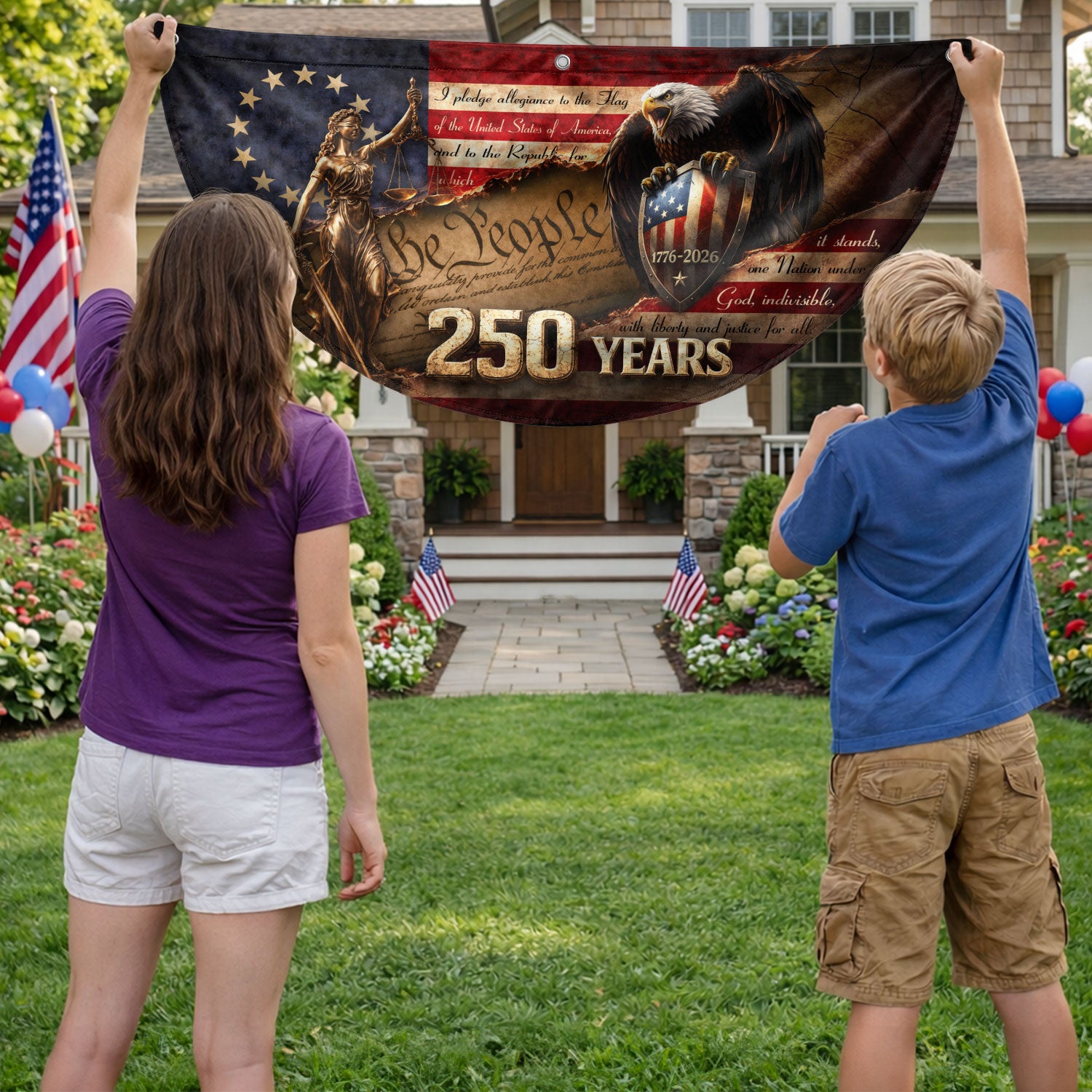 We The People Lady Justice Fence Flag 250 Years Patriotic Eagle - 1776-2026 Flag Decor - Rust Field Wear