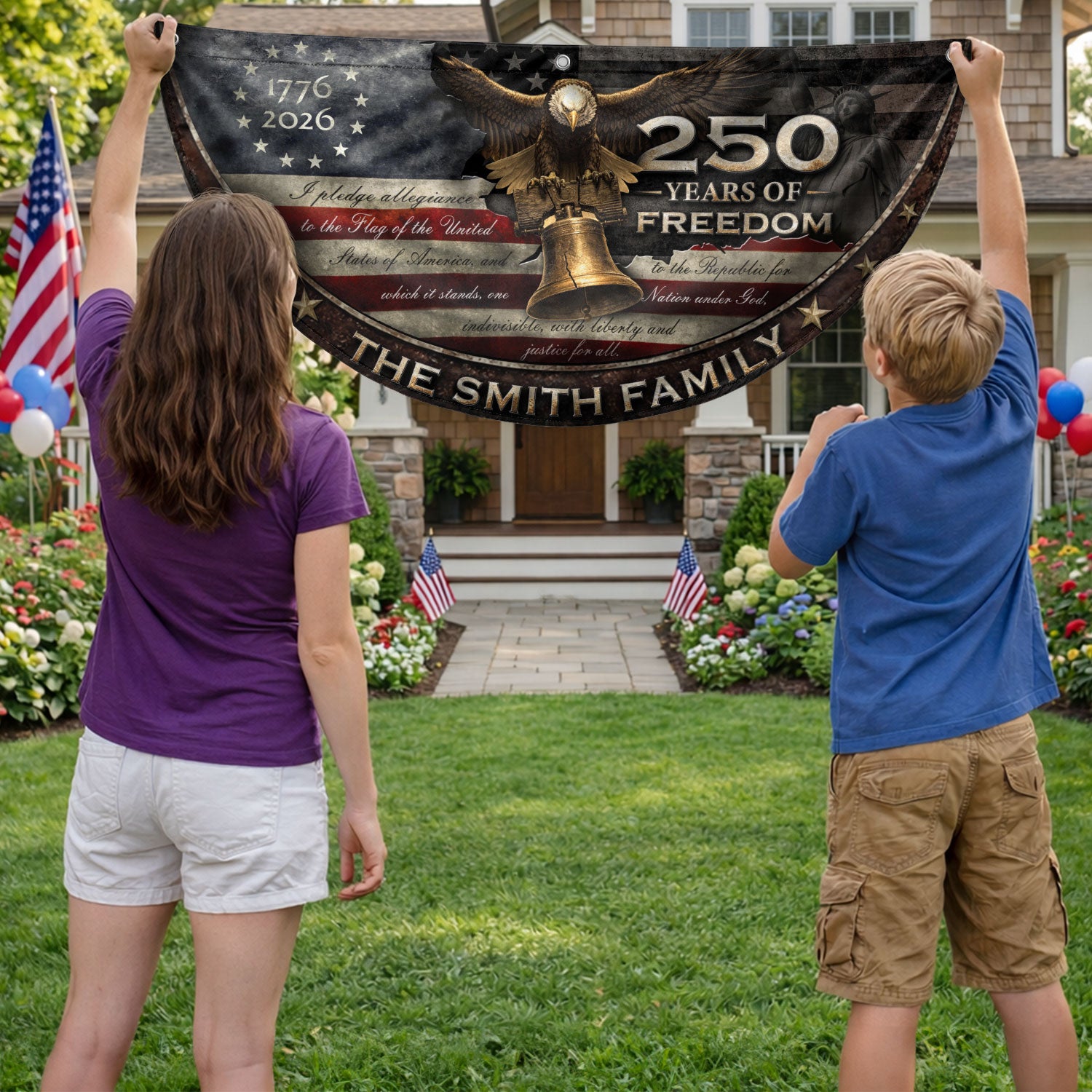 250 Years of Freedom Flag Fence Flag Custom Family Name, American Flag with Eagle, We The People Banner Decor