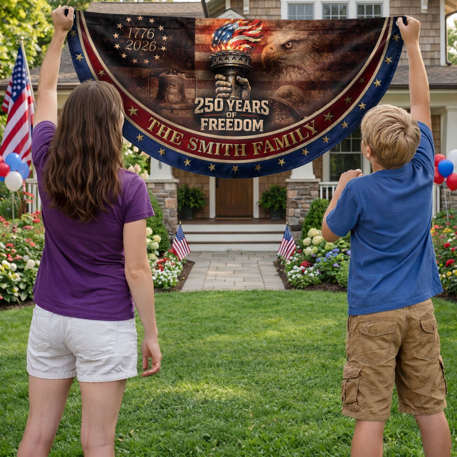 250 Anniversary USA Flag Fence Flag Custom Family Name, American Flag 250 Year Anniversary Banner with Eagle Design