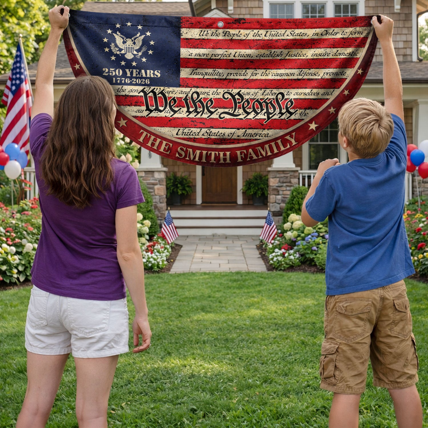 250 Years of Freedom Flag Fence Flag Custom Family Name, We The People Flag, American Flag with Eagle Patriotic Banner