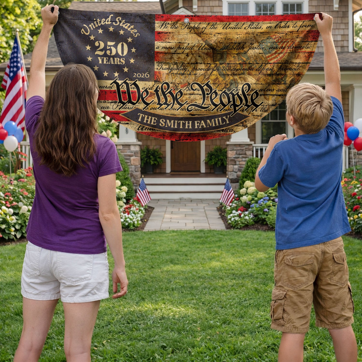 American Flag 250 Year Anniversary Fence Flag Custom Family Name, 250 Anniversary USA Banner, We The People Flag Design