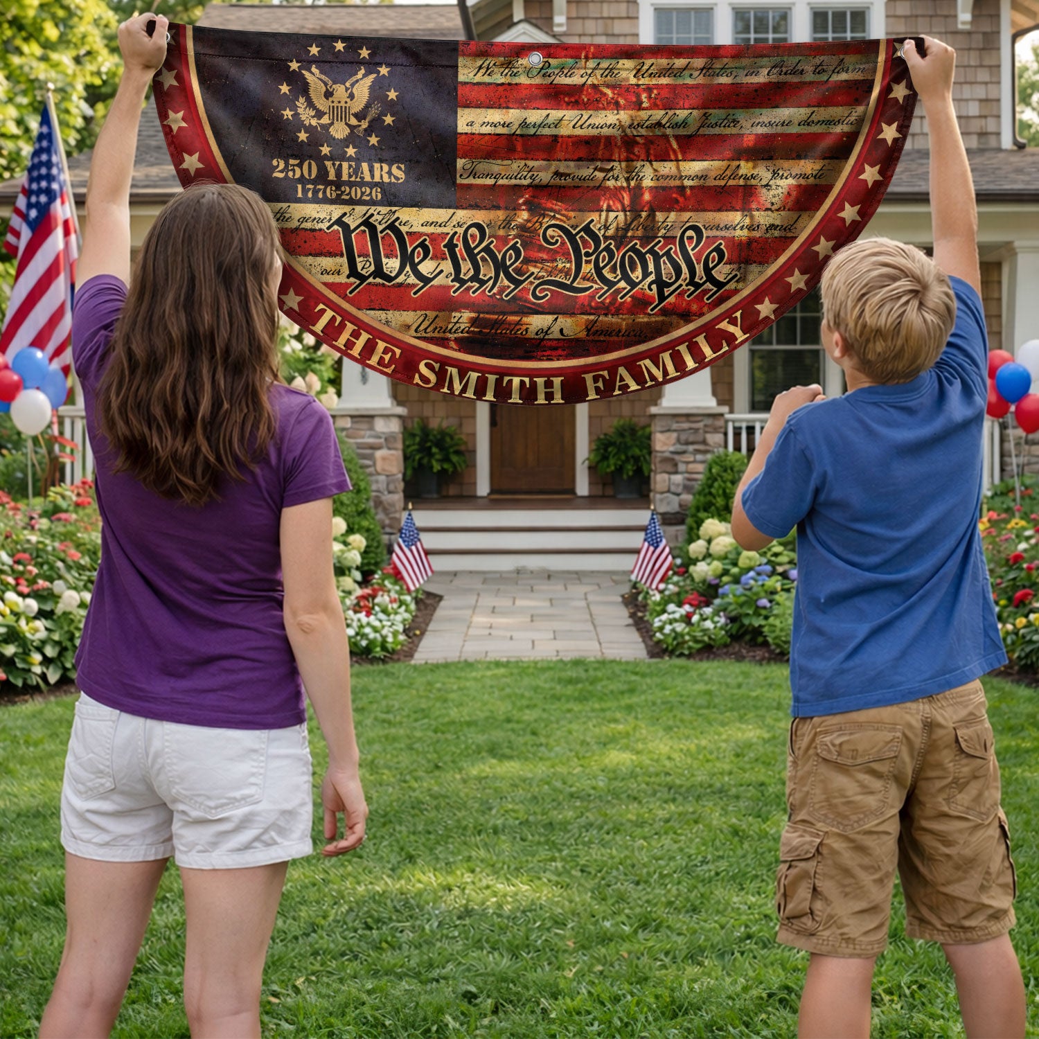 250 Anniversary USA Flag Fence Flag Custom Family Name, American Flag 250 Year Anniversary, We The People Fence Banner