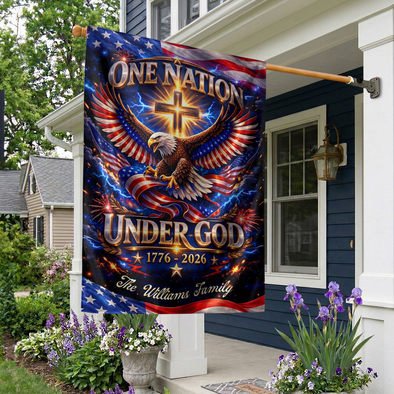 Personalized Faith & Freedom Garden Flag – 250-Year USA Tribute with Eagle and Cross Motif (1776–2026) - Rust Field Wear