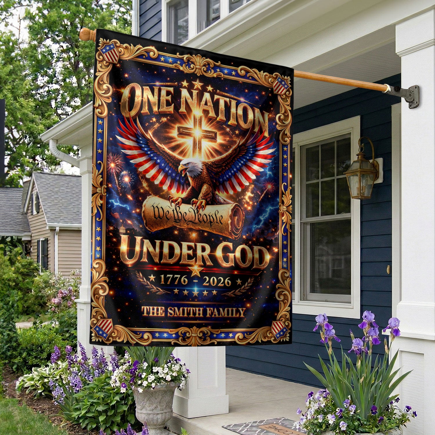 One Nation Under God 250th Anniversary Garden Flag – Custom Family Name with Eagle, Cross & 'We the People' 1776-2026