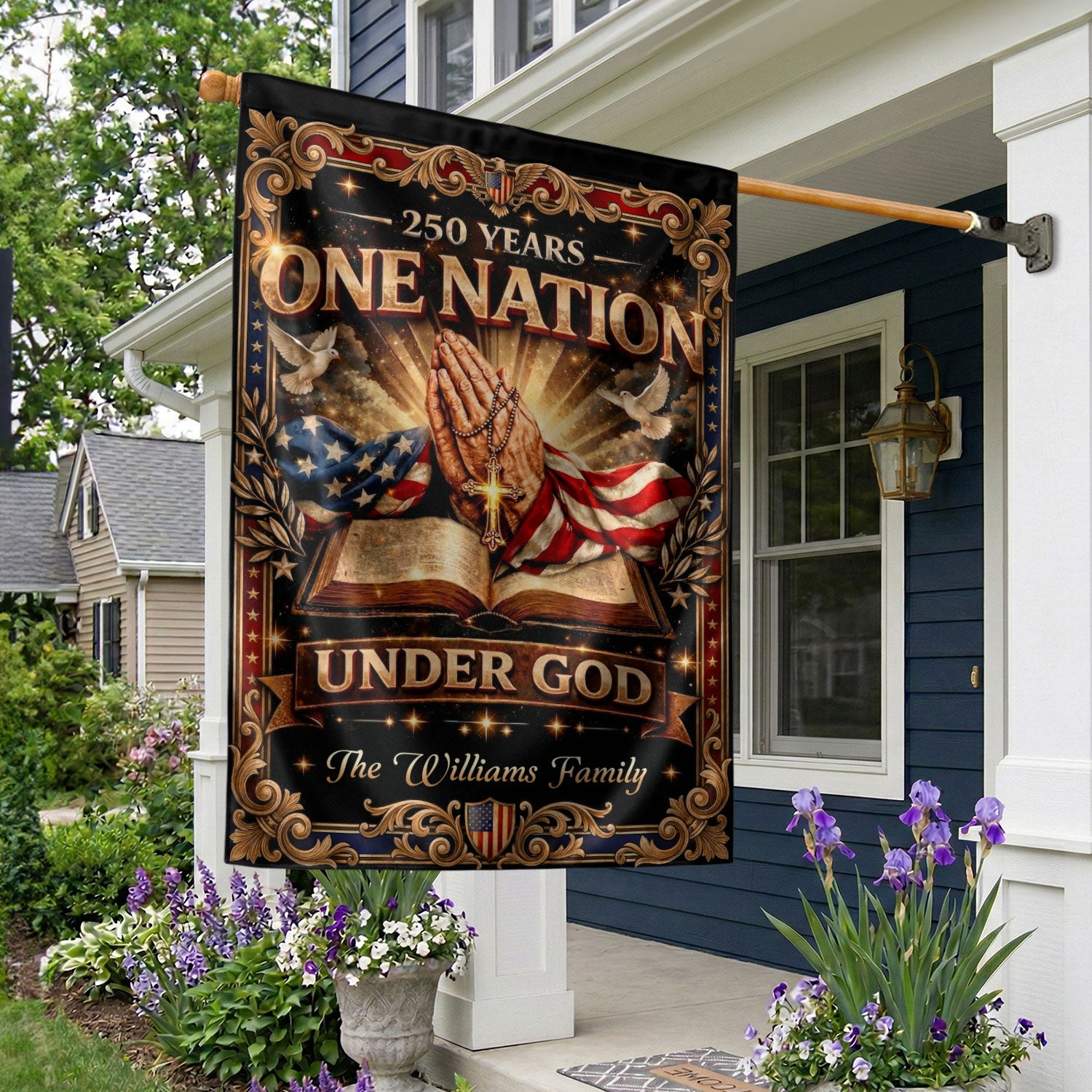 One Nation Under God 250th Anniversary Garden Flag – Custom Family Name with Praying Hands, Bible & Cross 1776-2026