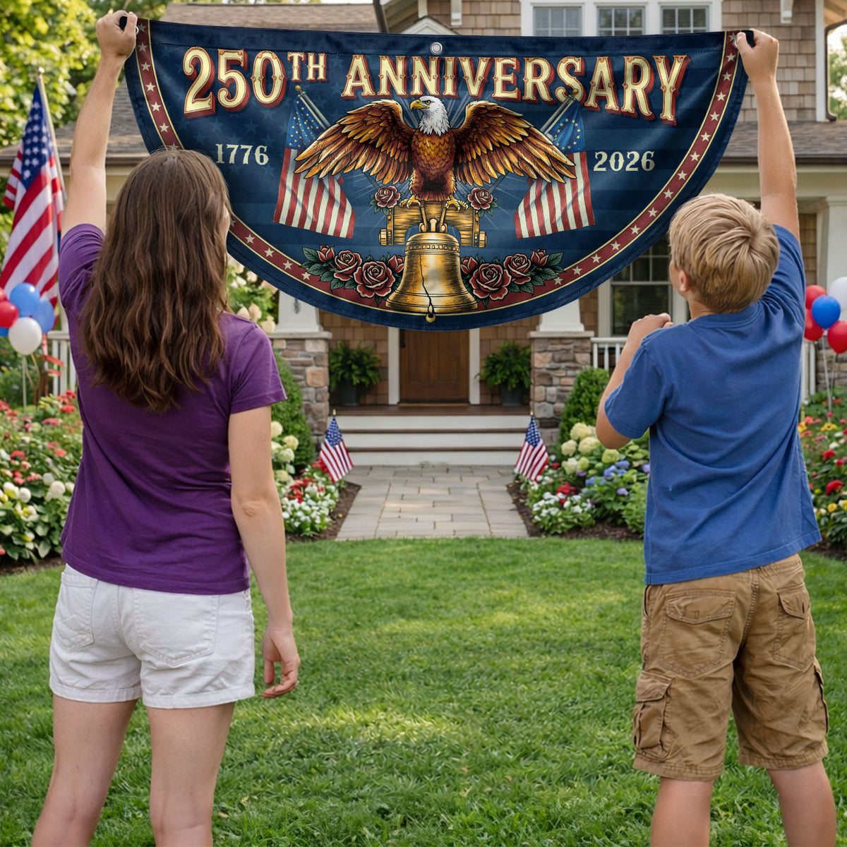 250th Anniversary USA Fence Flag - Patriotic Eagle & Liberty Bell Decoration for 2026 - Rust Field Wear