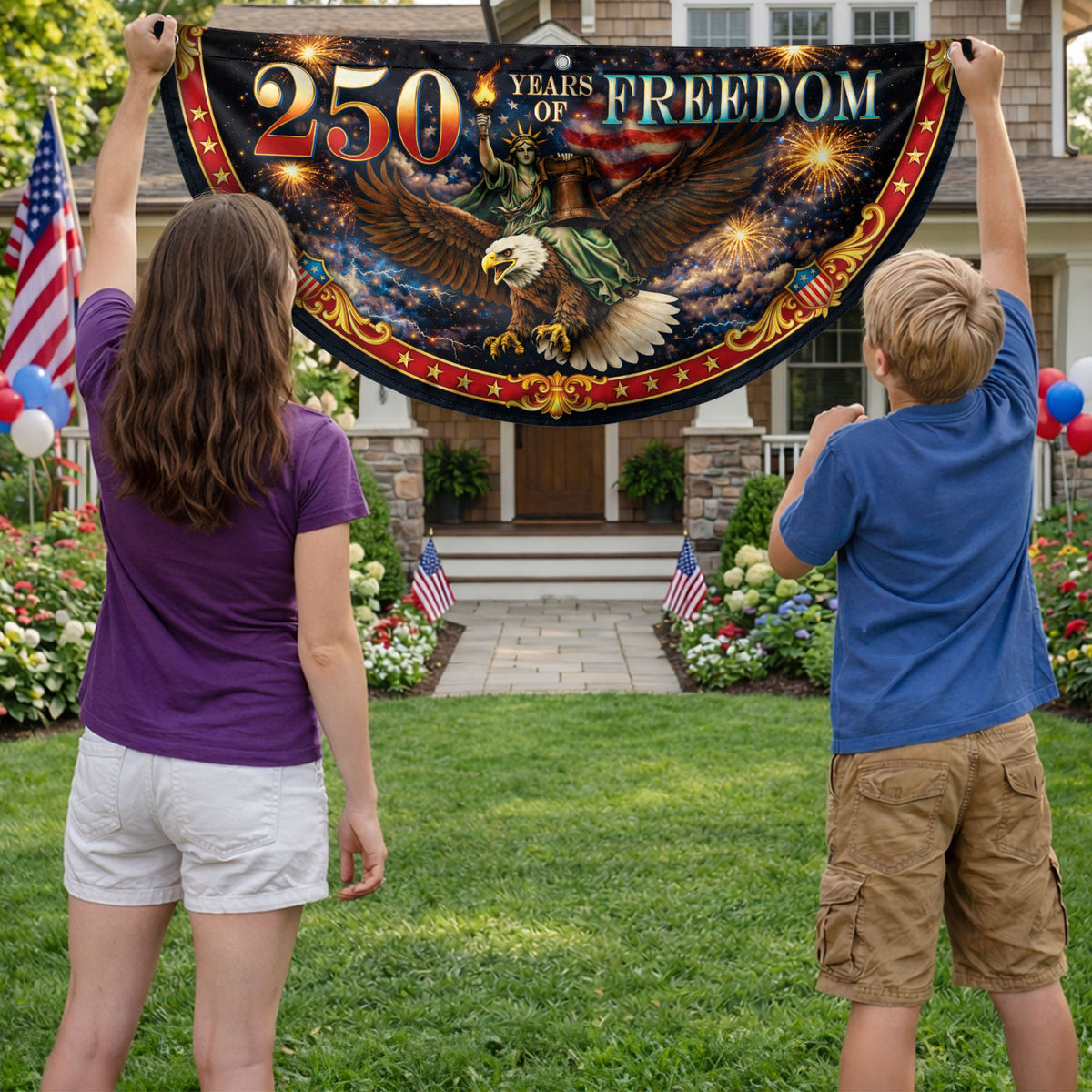 Fence Flag 250 Years of Freedom 1776-2026 Patriotic Eagle Liberty Bell Fireworks Banner - Rust Field Wear
