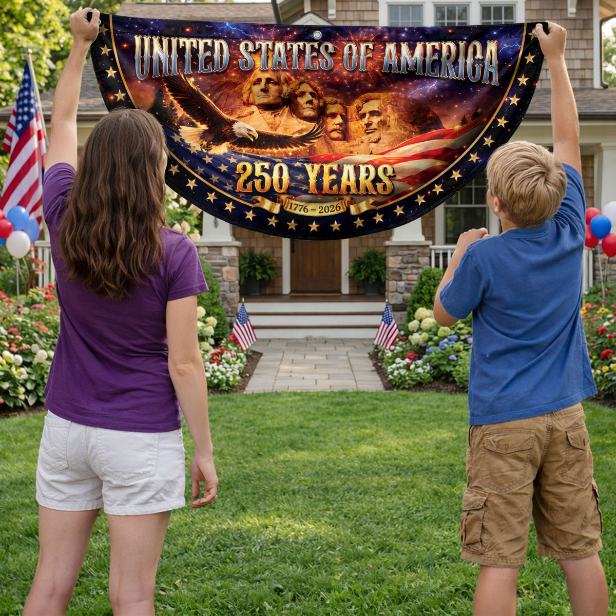 Mount Rushmore 250 Years United States Fence Flag 1776-2026 Patriotic Outdoor Banner - Rust Field Wear