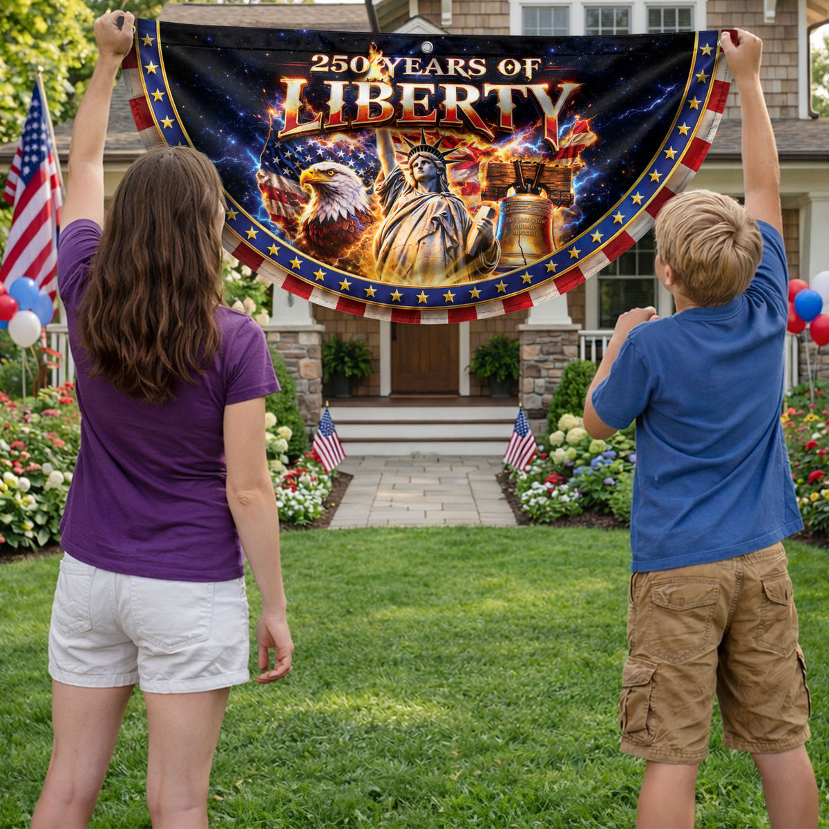 250 Years of Liberty Fence Flag Statue of Liberty Eagle Liberty Bell Banner - Rust Field Wear
