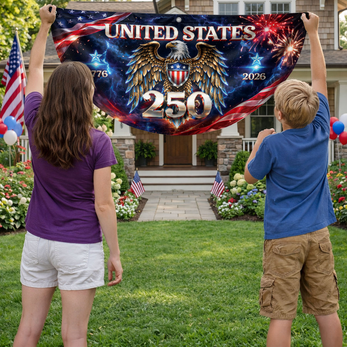 250 Years United States Fence Flag 1776-2026 Patriotic Eagle Outdoor Banner Decoration - Rust Field Wear