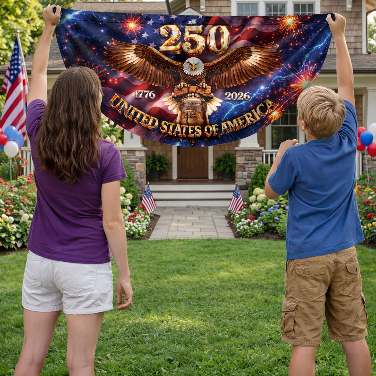250 Years United States Fence Flag 1776-2026 Patriotic Liberty Eagle Bell - Rust Field Wear
