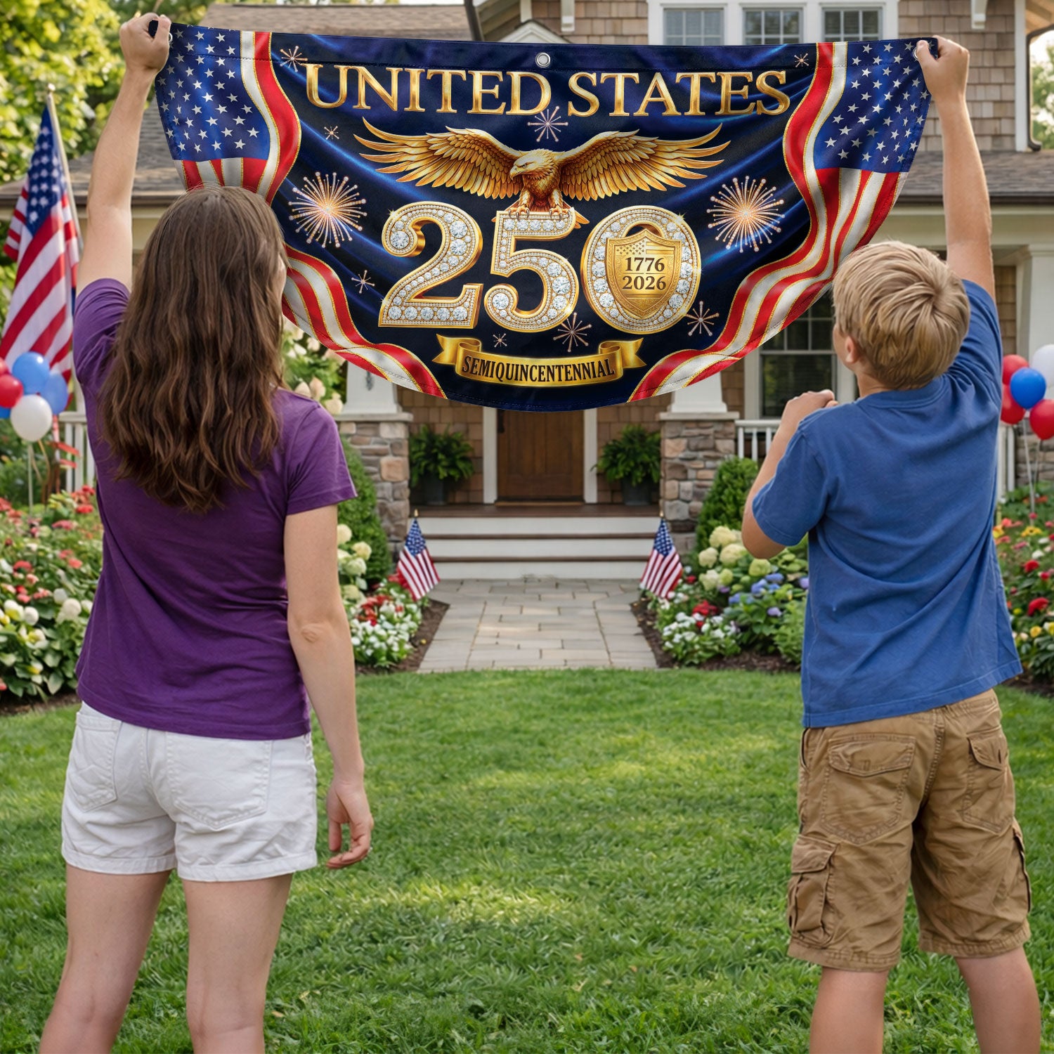 United States 250 Years Fence Flag 1776-2026 Patriotic Eagle Anniversary - Rust Field Wear